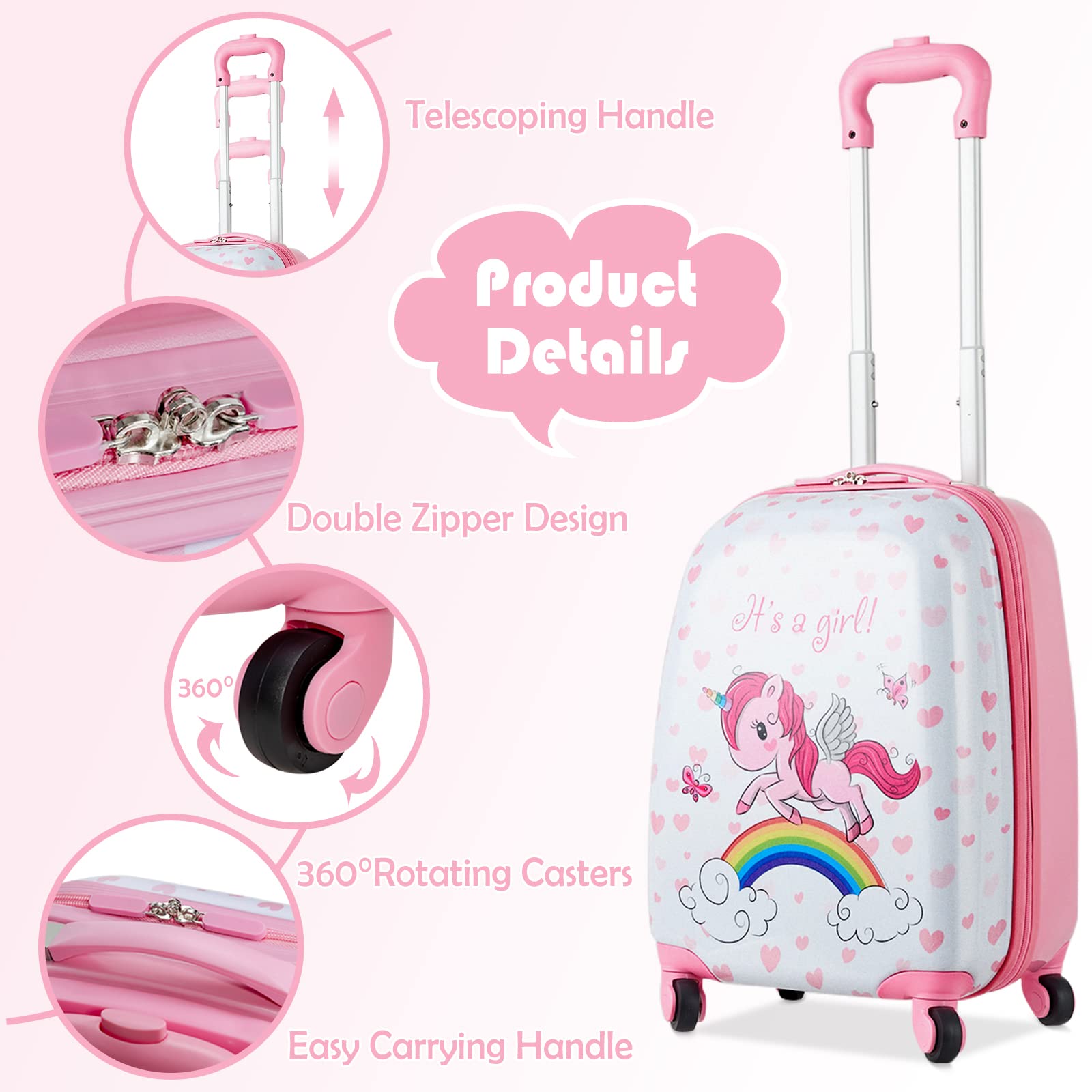 Olakids 12’’ Kids Travel Backpack & 16’’ Wheeled Carry-On Suitcase Set for Boys & Girls - 2-Piece Spinner Luggage with Wheels | Perfect for Airplane Trips, Family Vacations & School Travel (Unicorn Design)