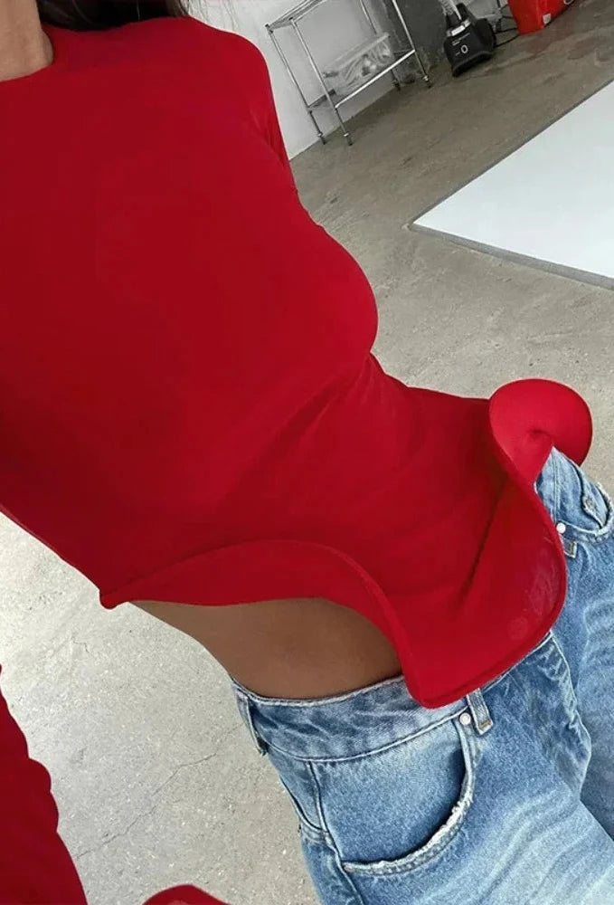 2024 Fashion Women's 3D Ruffle Asymmetrical Crop Top - Red Long Sleeve T-Shirt | Trendy Fall Clothes for Casual Wear, Date Nights & Layering Outfits