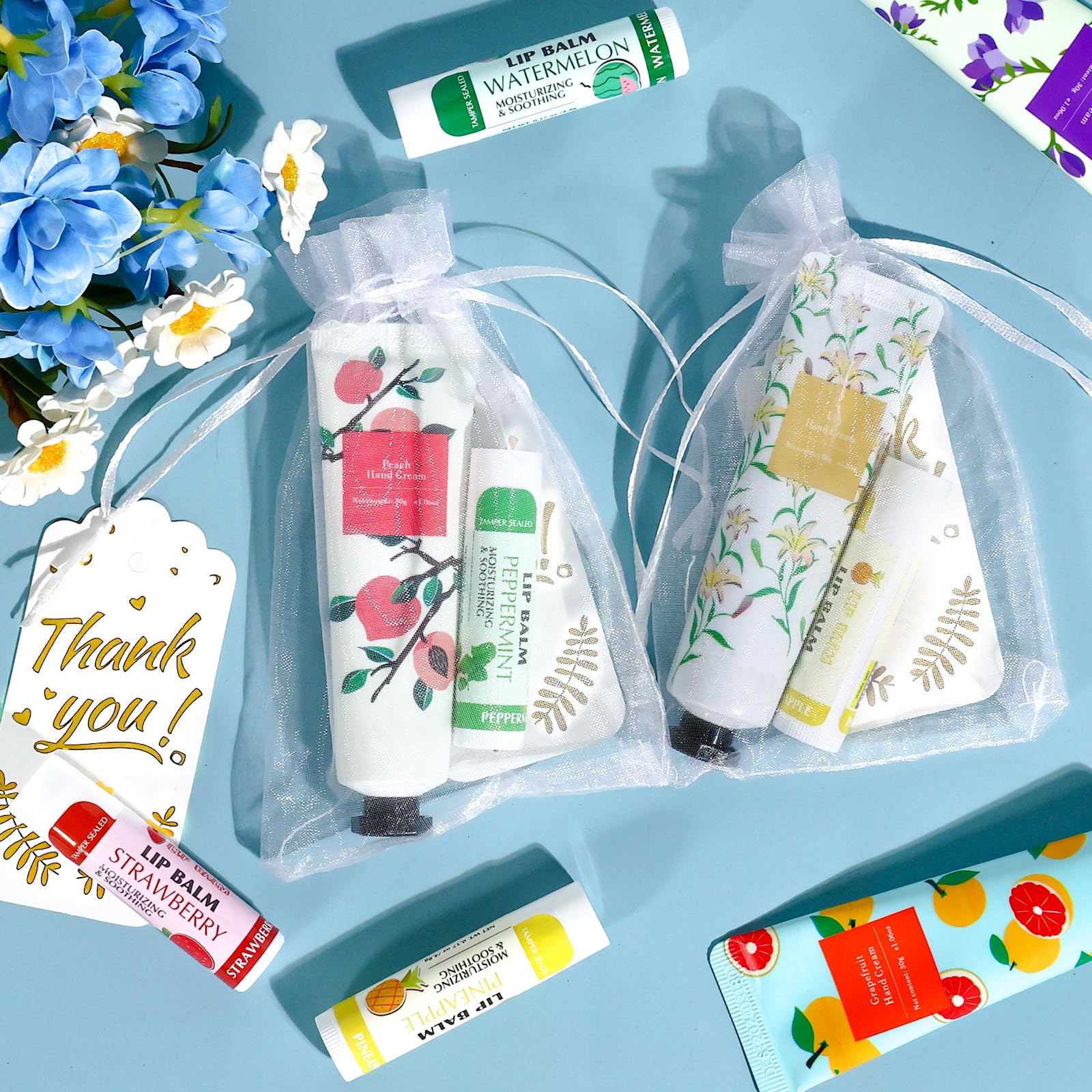AZEN 50 Sets Hand Cream & Lip Balm Gift Set with Organza Bag & Thank You Card - Perfect for Baby Showers, Weddings, Bridal Souvenirs, Employee Appreciation, Party Favors for Women - Ideal for Guest Gifts, Colleagues & Female Friends