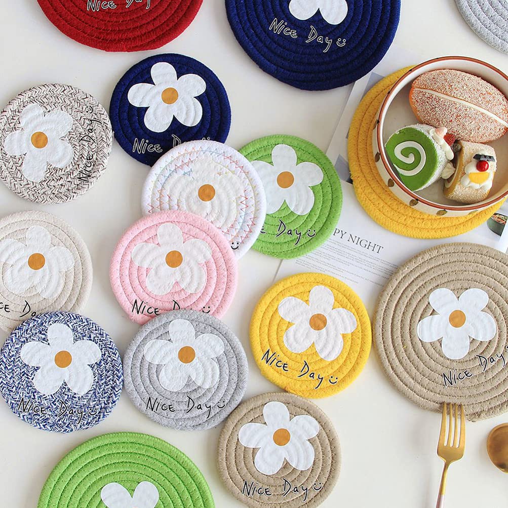 6Pcs Cotton String Placemats - Farmhouse Style Round Coasters for Coffee, Tea & Cold Drinks | Absorbent Cup Coasters for Dinner Parties, Rustic Home Decor & Kitchen Use