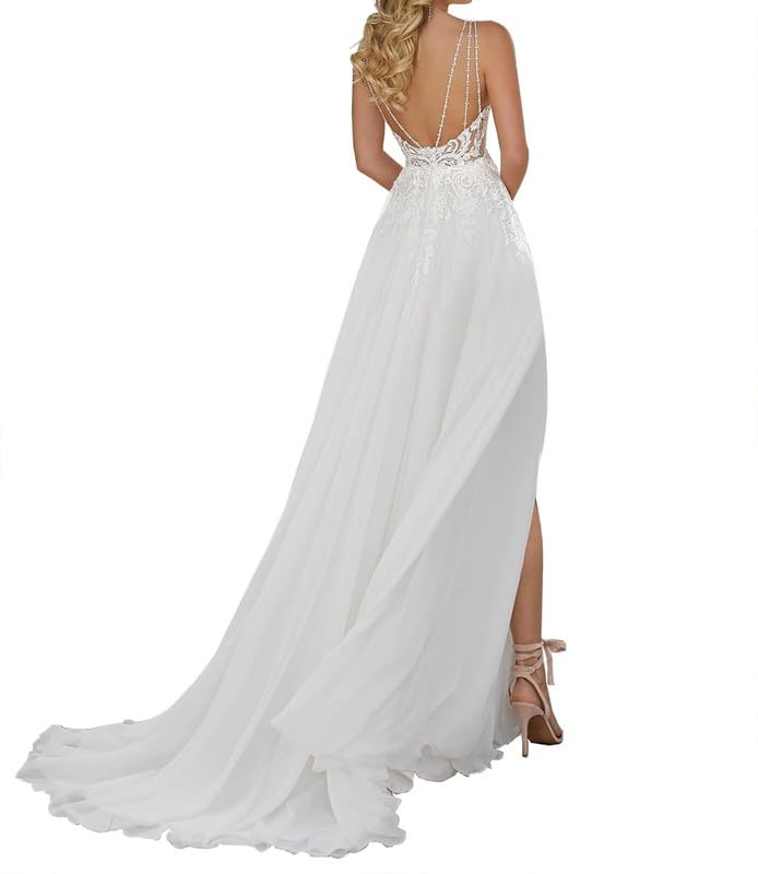 Elegant Long Lace White Chiffon Wedding Dress with Slit for Bride - Perfect for Church Ceremony, Beach Wedding & Romantic Photoshoots