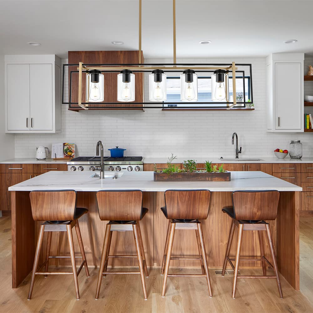 5-Light Farmhouse Chandelier Black Brass Rectangular Pendant Light with Clear Glass Shades - Rustic Island Lighting for Dining Room, Kitchen, Bar & Restaurant Decor