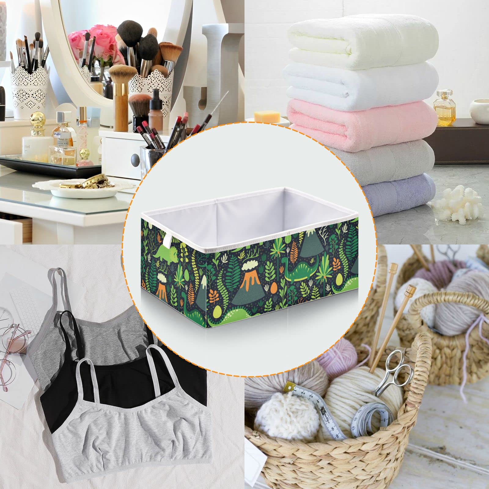Handmade Dinosaur Pattern Foldable Fabric Storage Bins with Handles - 11x11x11 Inch Waterproof Closet Organizer for Bedroom, Kids Room & Office - Space Saving Home Organization Solution for Toys, Books & Supplies