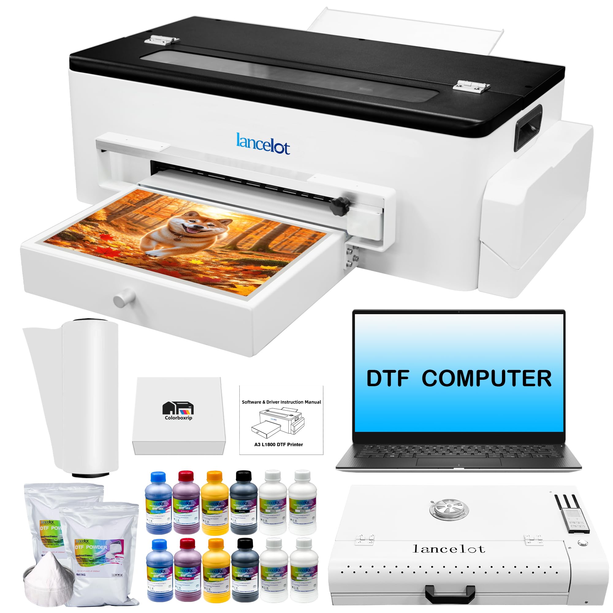 Lancelot A3 l1800 DTF Transfer Printing Machine with Roll Feeder - White Ink Circulation System & Easy Operation - Complete DTF Printer Bundle (Printer, Oven, Laptop, Consumables) for Dark & Light Clothing - Ideal for T-Shirt Printing, Custom Apparel Business & Home DIY Projects