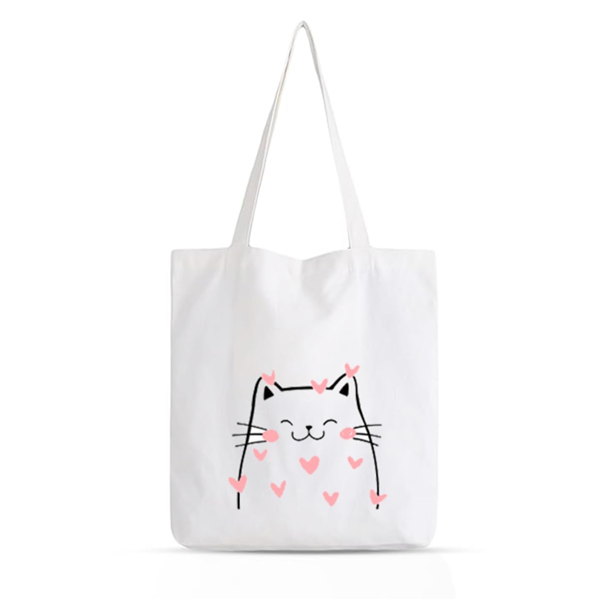Clapcart Women's Printed Poly-Cotton Zipper Tote Bag - Cute Cat with Heart Design Handbag for Girls | Durable Multipurpose Shoulder Bag for Work, Travel & Shopping