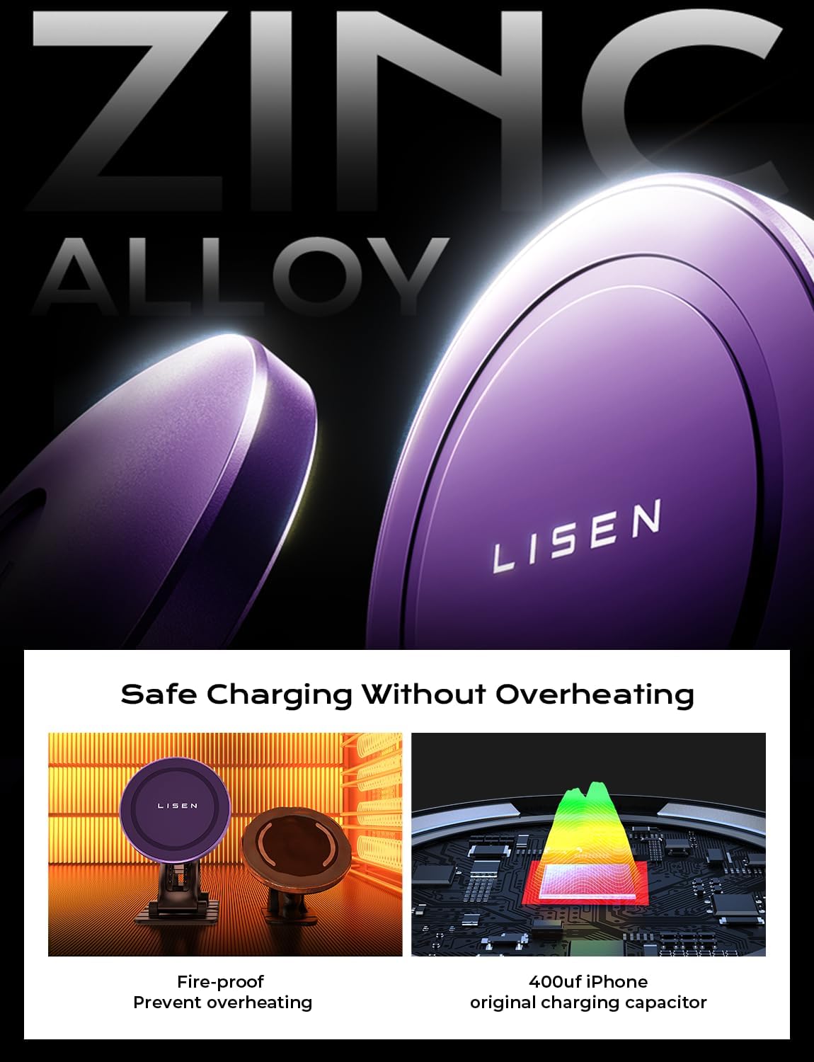 LISEN 15W MagSafe Car Mount Charger - Universal Magnetic Wireless Car Charger for iPhone 16 Pro Max/16/15/14/13/12 - Fast Charging Phone Holder with Strong Magnet - Perfect for Driving & Road Trips (Purple)