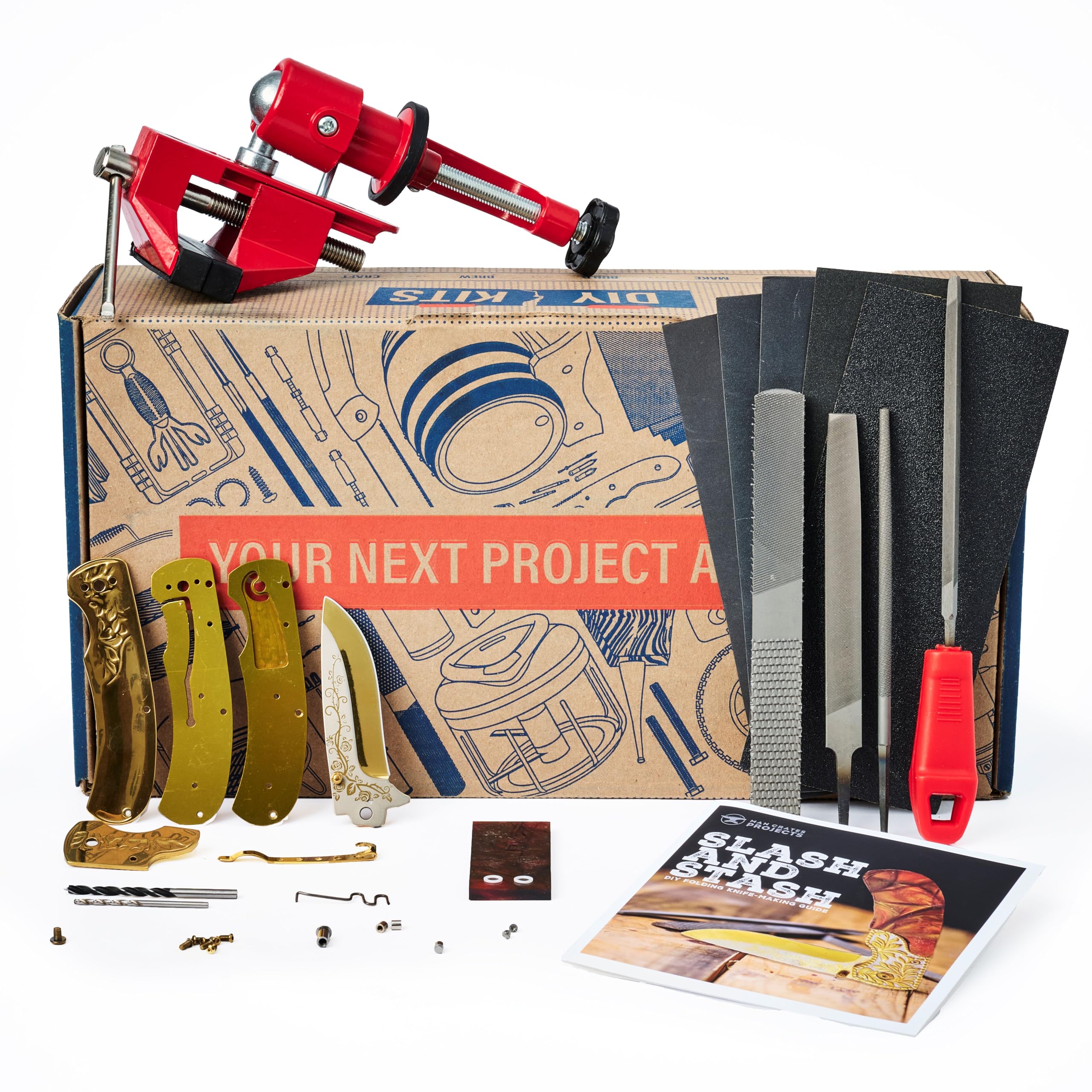 Man Crates Folding Knife Making Kit with Blade, Linen Micarta Handle Scales, Vise & Tools - DIY Knife Crafting Set for Men - Perfect Gift for Outdoorsmen, Campers & Survival Enthusiasts
