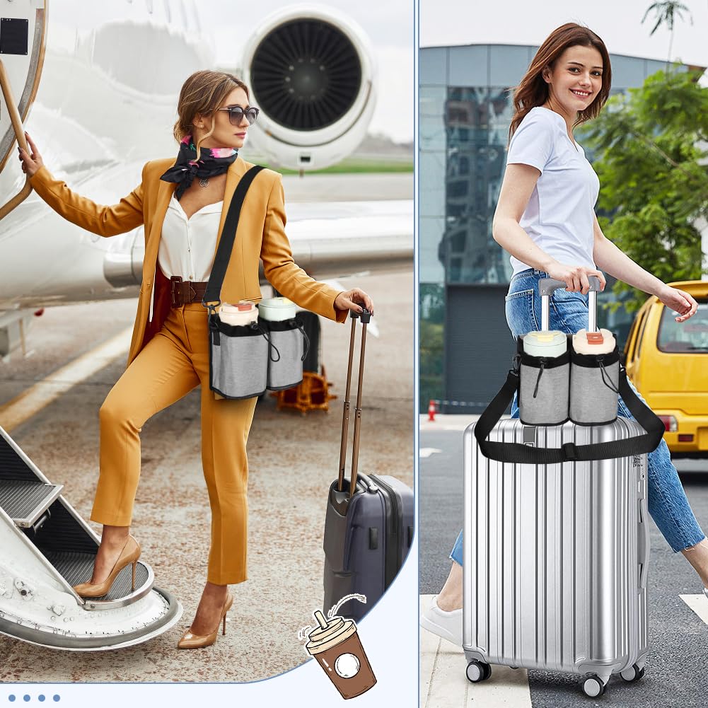 Travel Cup Holder for Luggage - Hands-Free Drink Holder with Adjustable Shoulder Strap | Durable Suitcase Accessory for Flight Attendants & Travelers | Perfect for Airports, Commuting & Road Trips (Gray)