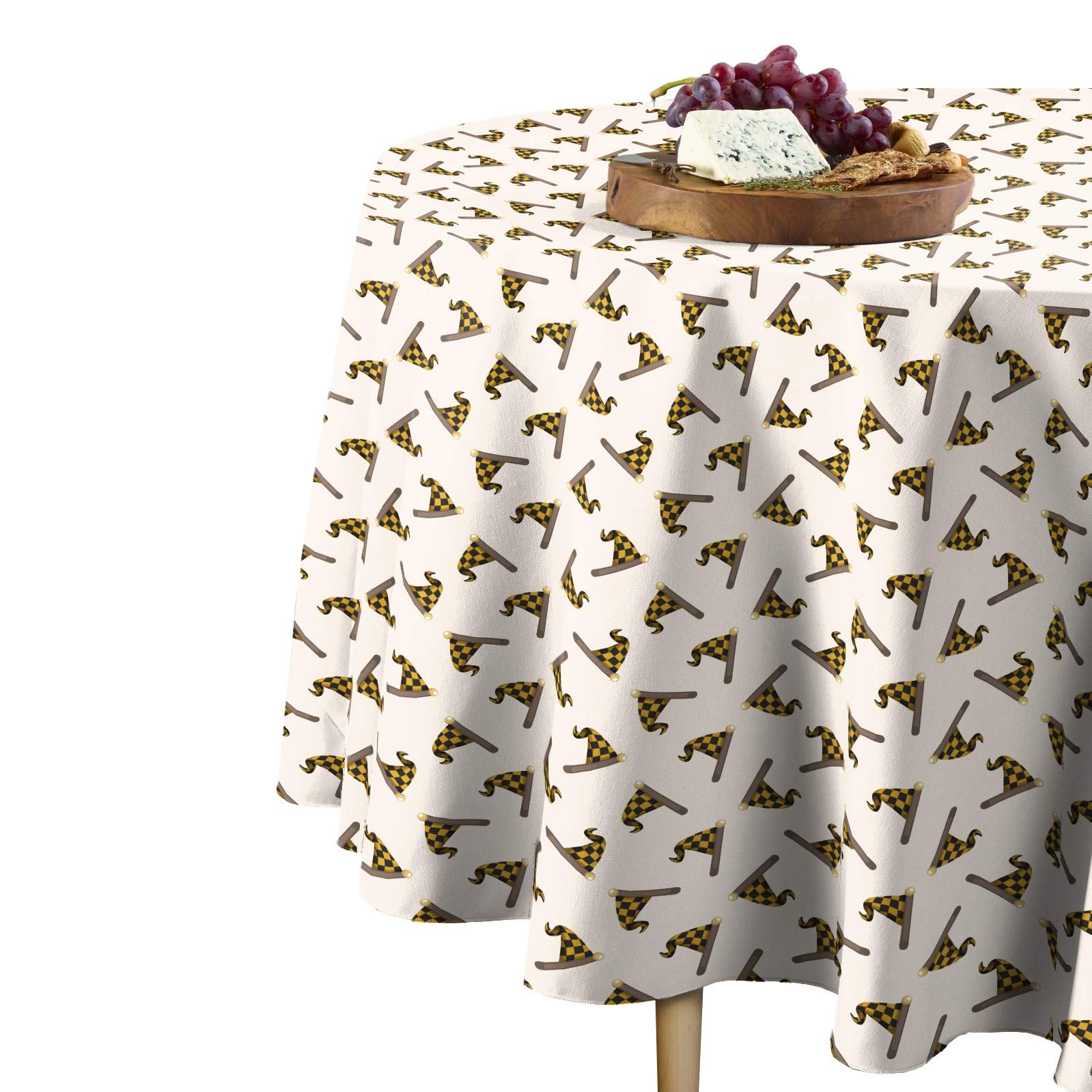 100% Milliken Polyester Round Tablecloth - 114 Inch Washable Fabric Table Cover with Yellow & Black Racing Flag Design - Perfect for Race Car Themed Parties, Dining Room Decor & Special Events