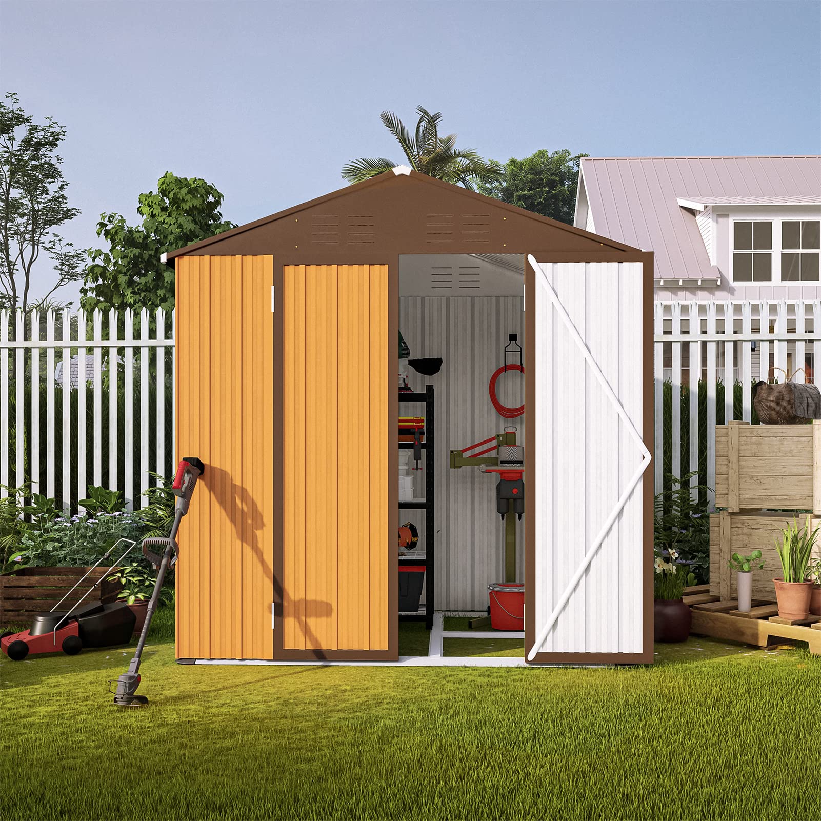 Rophefx 6x4 FT Outdoor Storage Shed with Floor Frame - Waterproof Metal Tool Shed with 2 Lockable Doors for Backyard, Garden & Lawn (Orange & Brown) | Perfect for Storing Lawn Equipment, Gardening Tools & Outdoor Gear