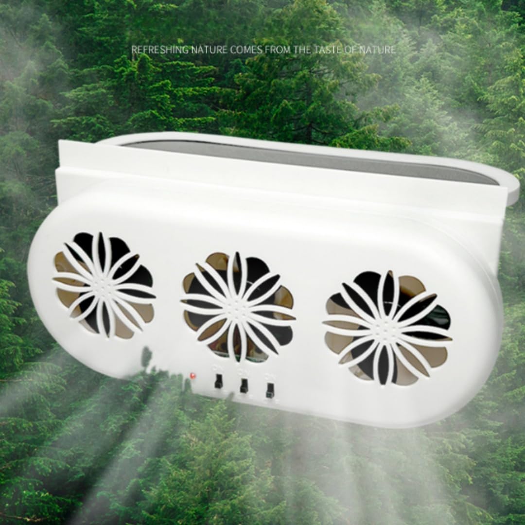 2024 Upgraded Solar Car Ventilation Fan - 3 Air Outlet Solar Powered Window Exhaust Fan for Most Vehicle Models (White) | Keep Your Car Cool & Fresh During Parking & Road Trips