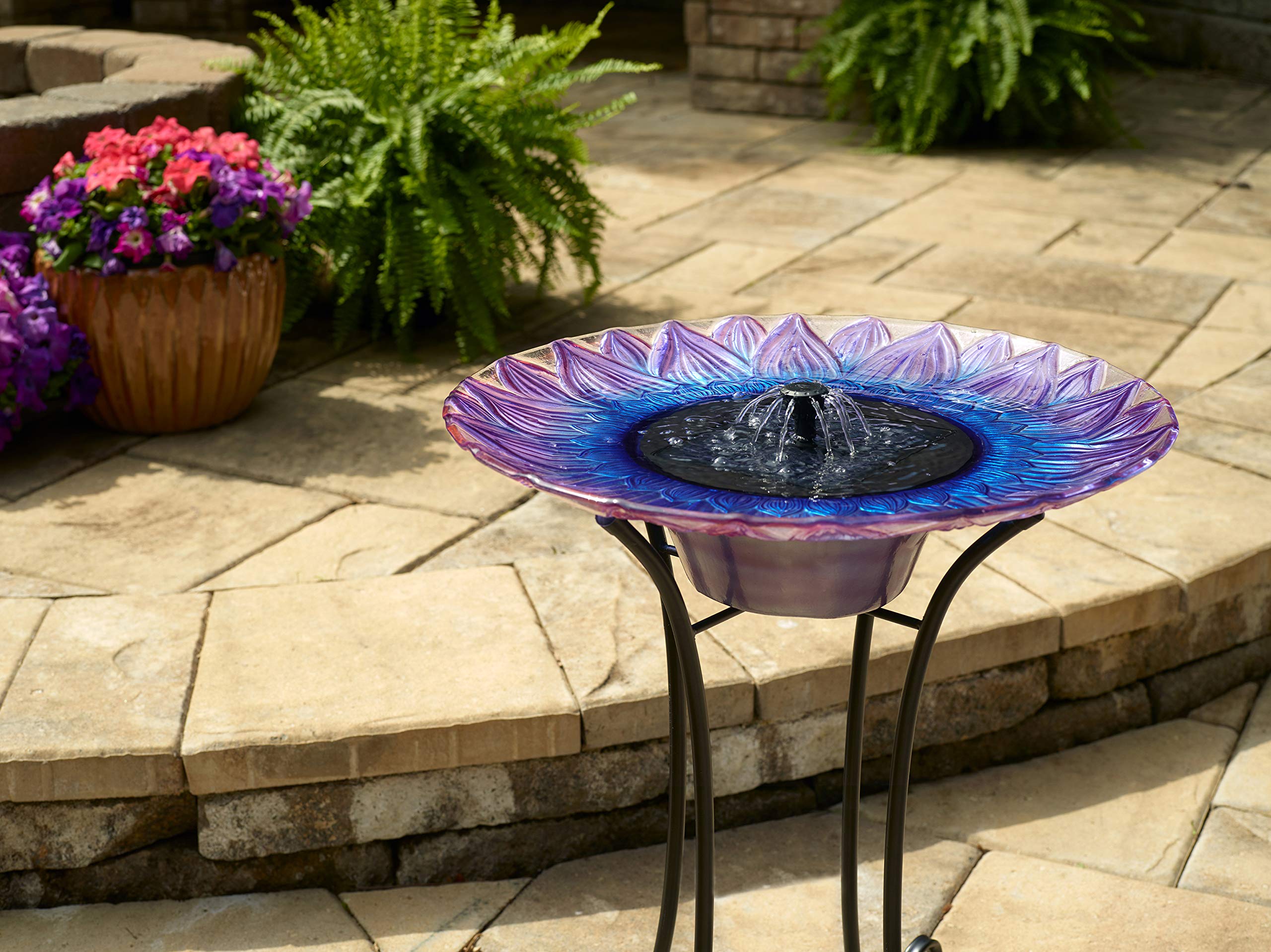 Smart Solar-Powered Birdbath Fountain with Patented Solar Panel & Pump System - Hand-Painted Glass Flower Design on Metal Stand (Blue/Purple) - Perfect for Garden, Patio, Yard Decoration & Attracting Birds