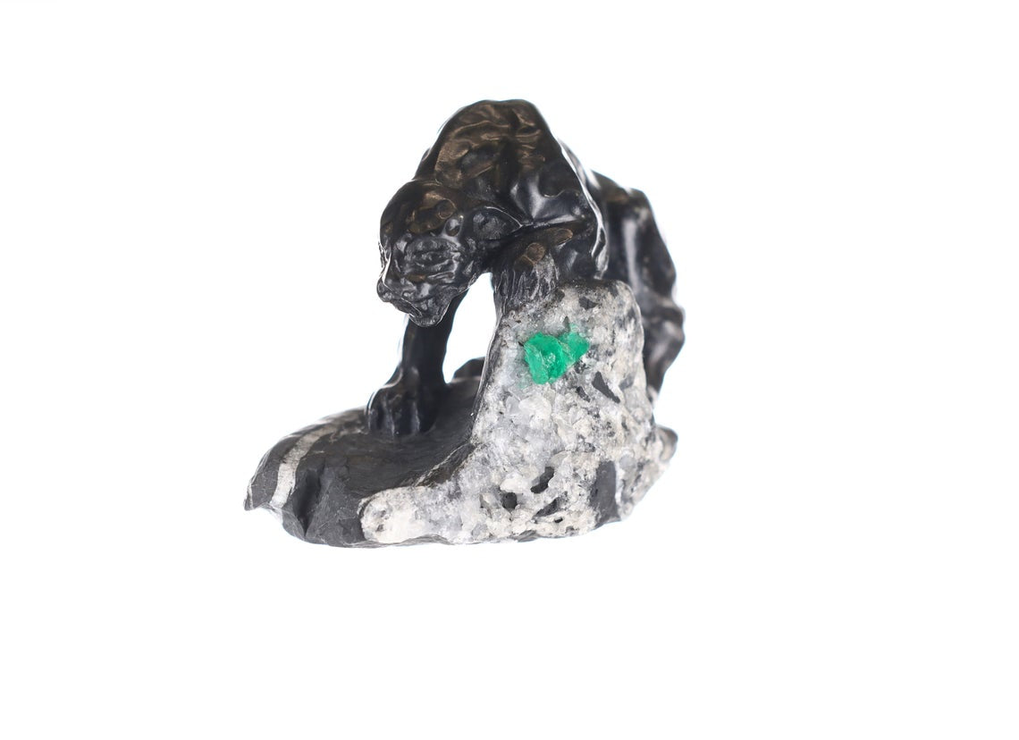 Natural Colombian Emerald Black Panther Rough Crystal Sculpture - Handcrafted Gemstone Art for Home Decor, Meditation & Spiritual Healing