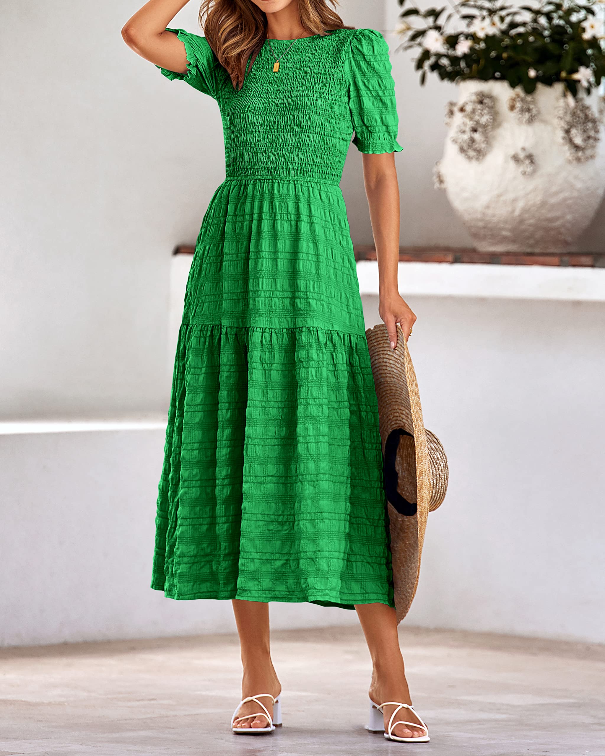 Dowerme Women's Summer Dresses 2025 - Casual Puff Short Sleeve Crewneck Smocked Flowy Ruffle Boho Maxi Sundress for Beach, Party & Vacation | Lightweight Comfortable Dress for Women