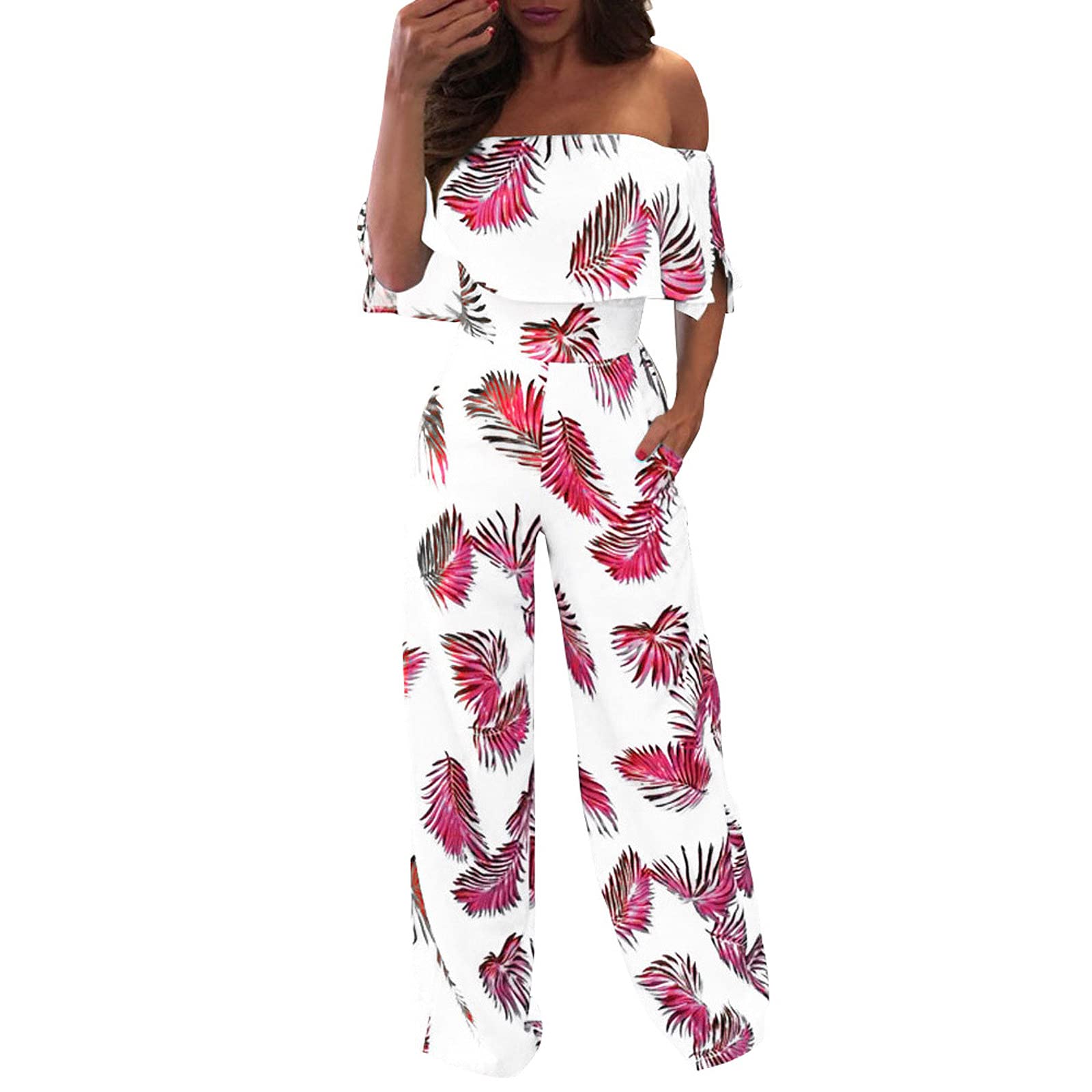 Women's Off Shoulder Floral Leaf Printed Jumpsuit - Casual Loose Sparkly Capelet Playsuit Romper for Summer Beach Party & Night Out
