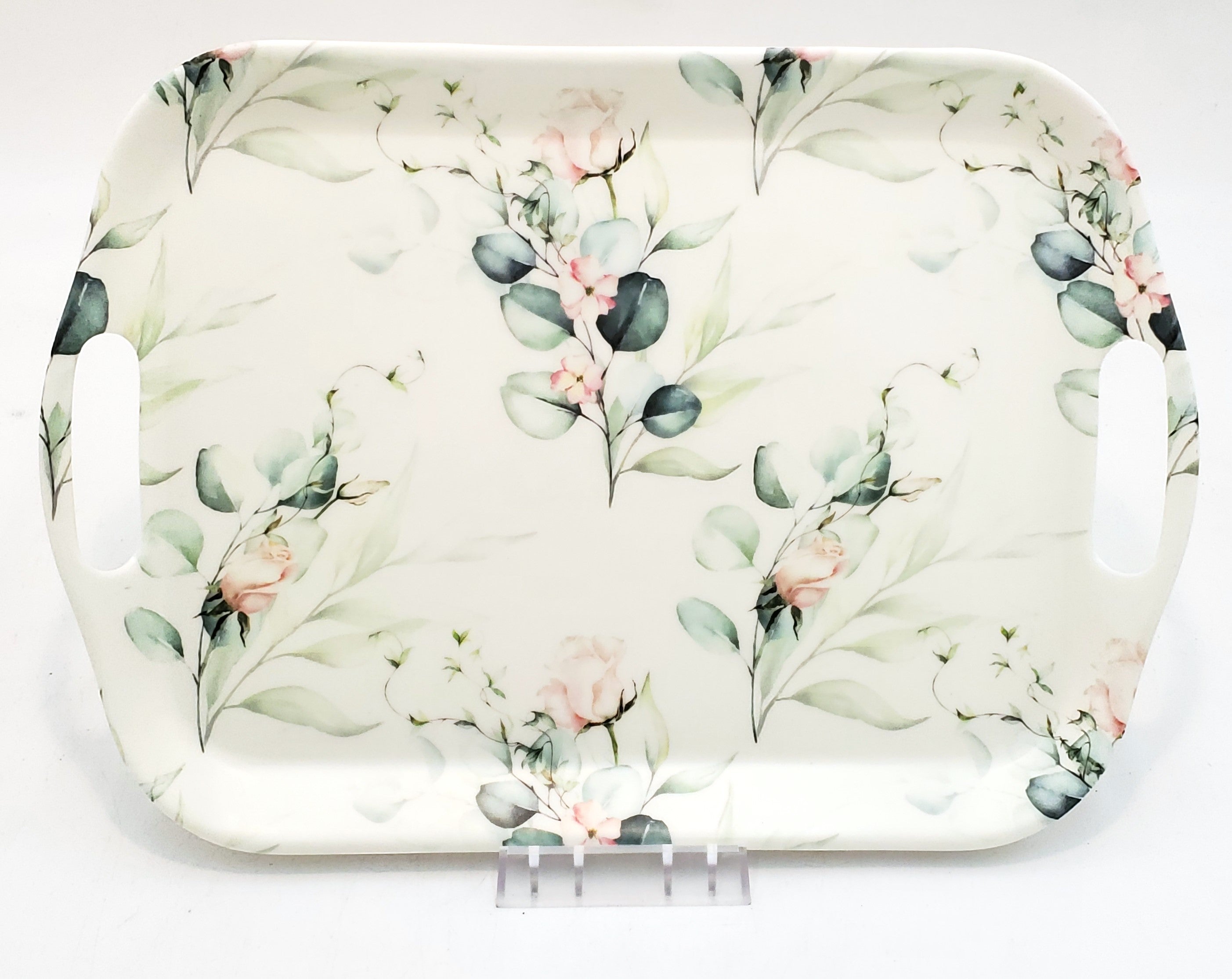 13x9.5 Inch White Melamine Serving Tray with Floral Design - Perfect for Breakfast in Bed, Brunch Parties, and Home Decor