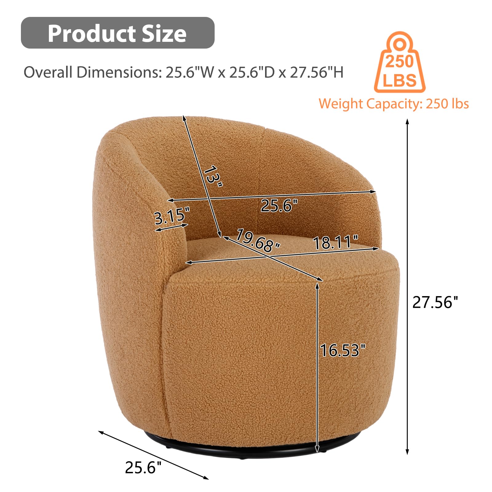 KIVENJAJA 360 Degree Swivel Barrel Chair - Modern Round Accent Armchair with Teddy Sherpa Upholstery, Small Single Sofa Chair for Nursery, Living Room, Bedroom - Cozy Seating for Reading Nooks, Home Offices & Lounge Areas (Teddy, Camel)