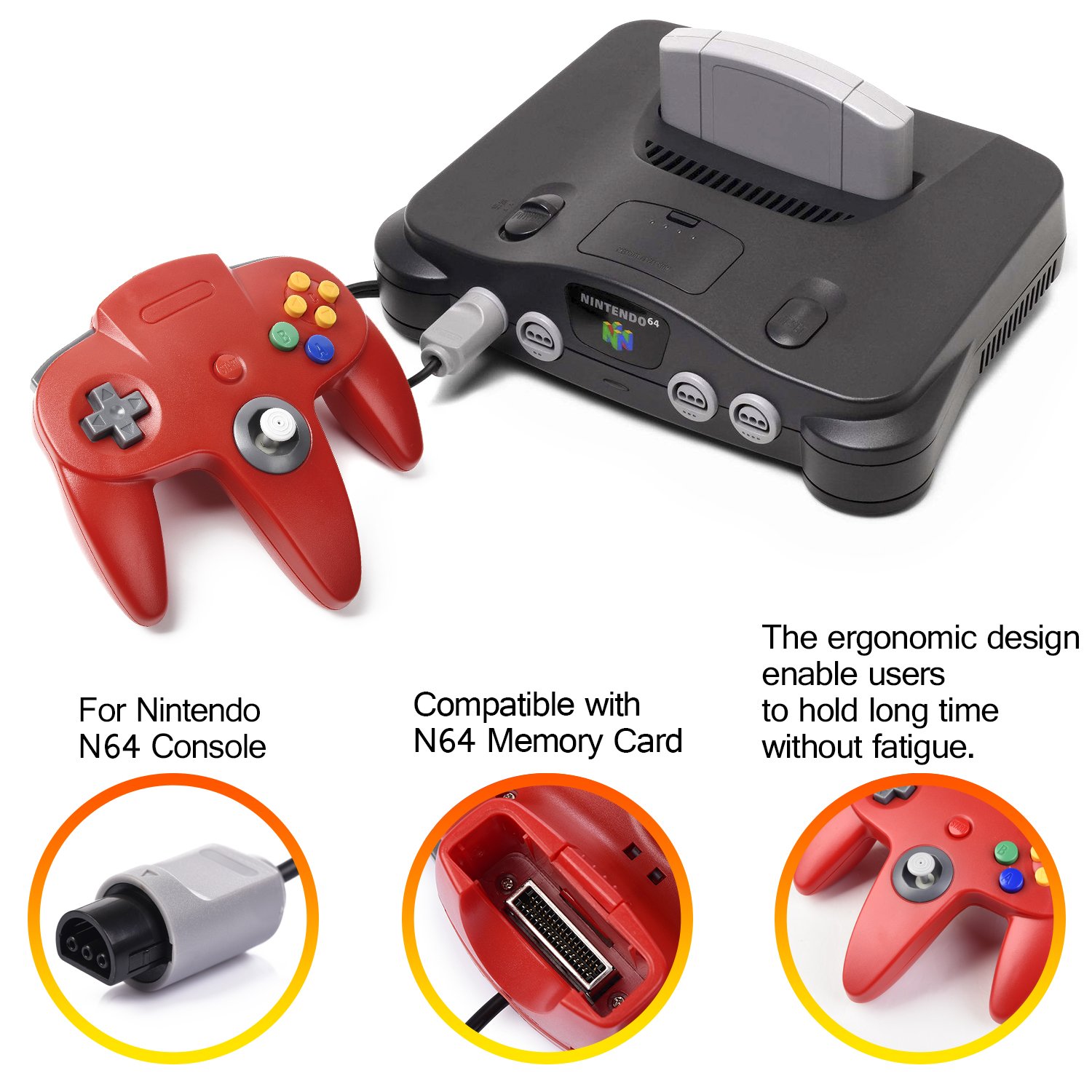 KIWITATA 2 Pack Classic N64 Controller - Wired Retro Game Controller for Nintendo 64 Console (Red & Black) - Perfect for Mario Kart 64, Super Smash Bros & GoldenEye 007 Gaming Sessions