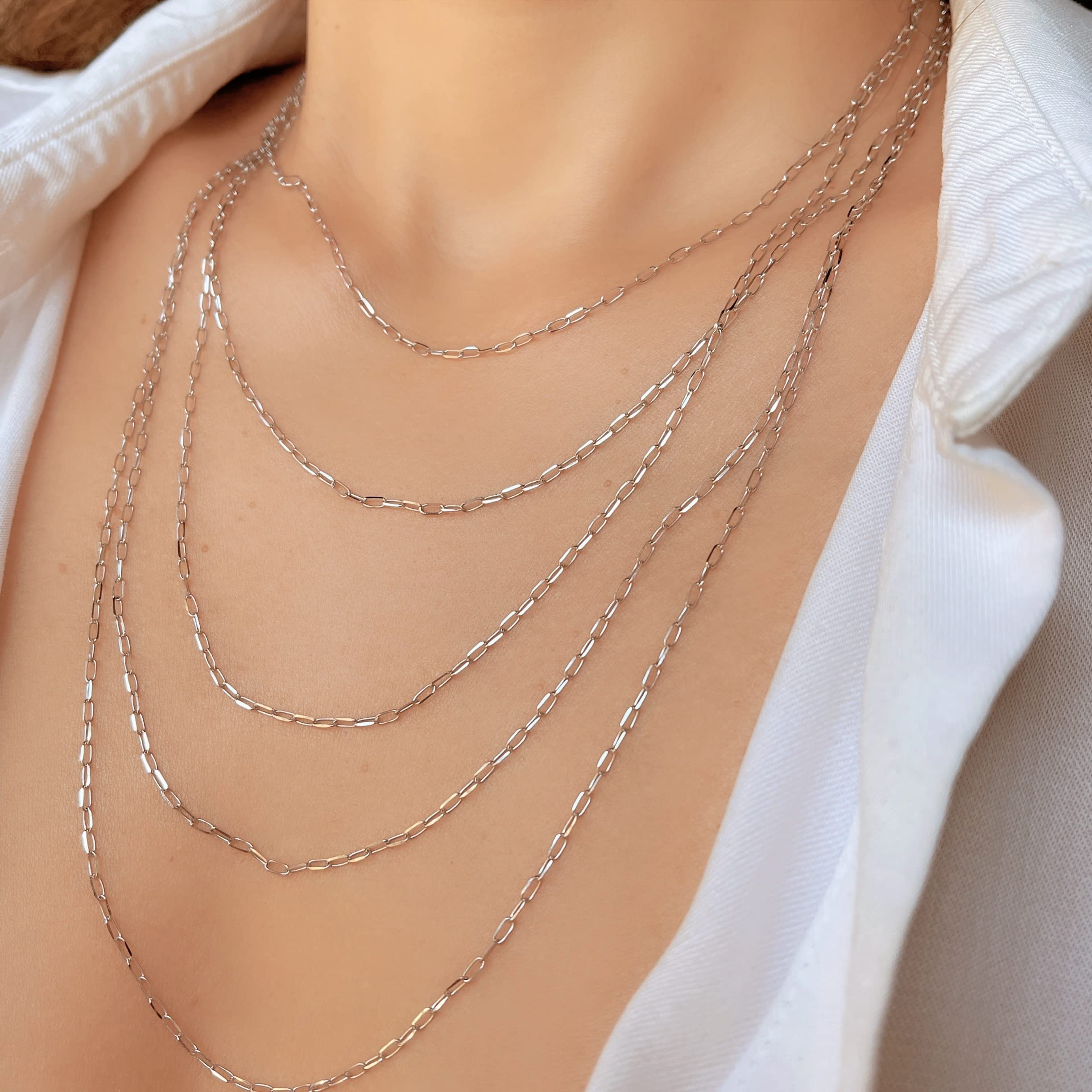 14K Solid Gold Cable Chain Necklace for Women - 1.7mm Diamond Cut Thin Paperclip Link Chain in Yellow & White Gold - Dainty Pendant Necklace with Lobster Clasp (14