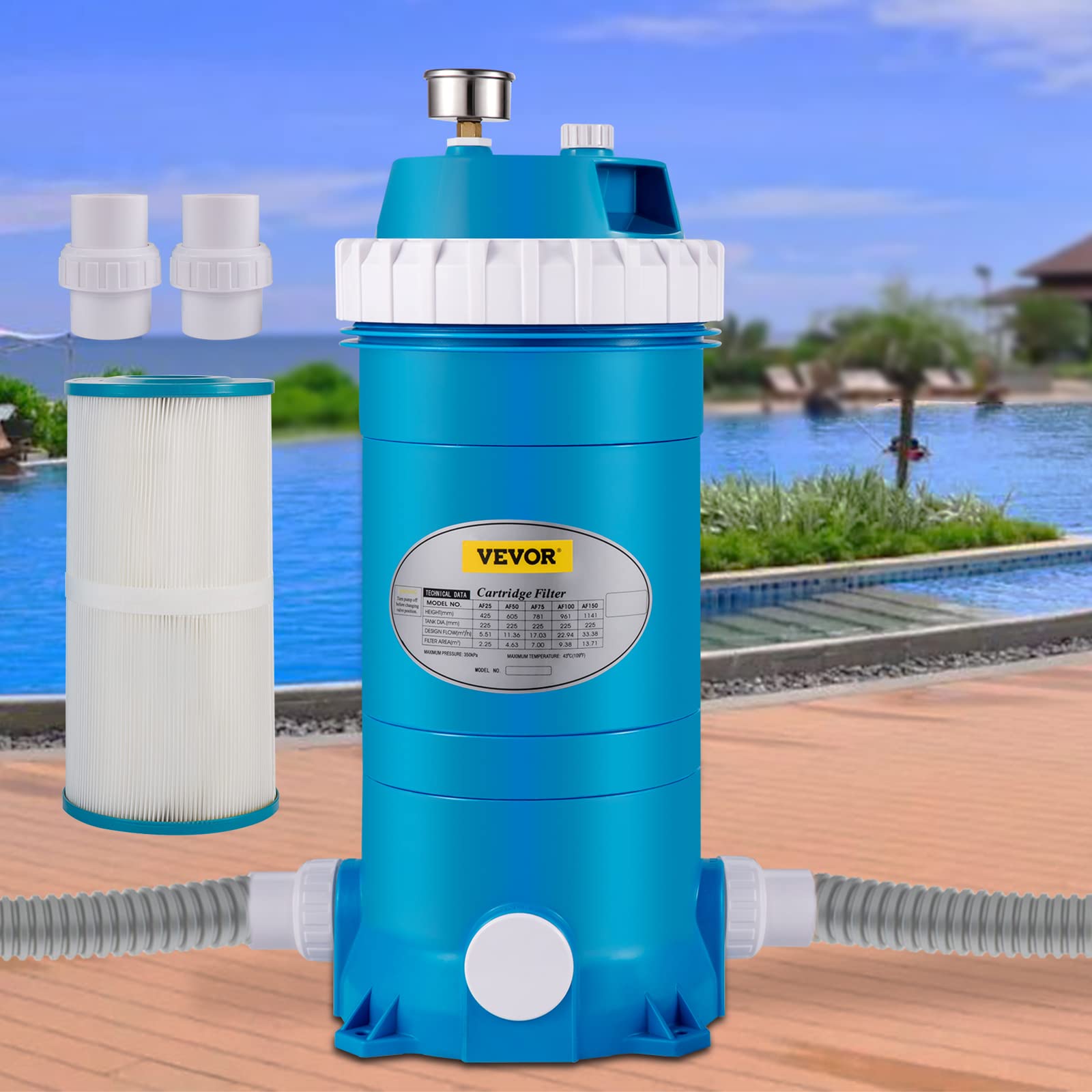 VEVOR 50 Sq. Ft Pool Cartridge Filter System for Inground & Above Ground Swimming Pools | Polyester Filter Cartridge | Corrosion-Proof Design | Auto Pressure Relief | Includes 2 Unions | Perfect for Backyard, Residential & Commercial Pool Maintenance