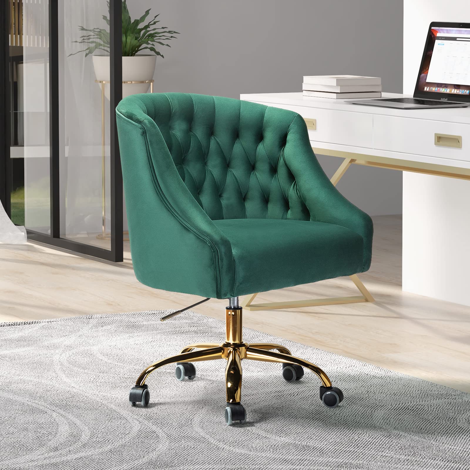 Luxury Velvet Home Office Chair with Gold Base - Modern Adjustable Swivel Task Chair for Living Room, Bedroom & Study - Ergonomic Comfort Desk Chair for Work & Vanity (Green) - Perfect for Remote Work & Home Decor