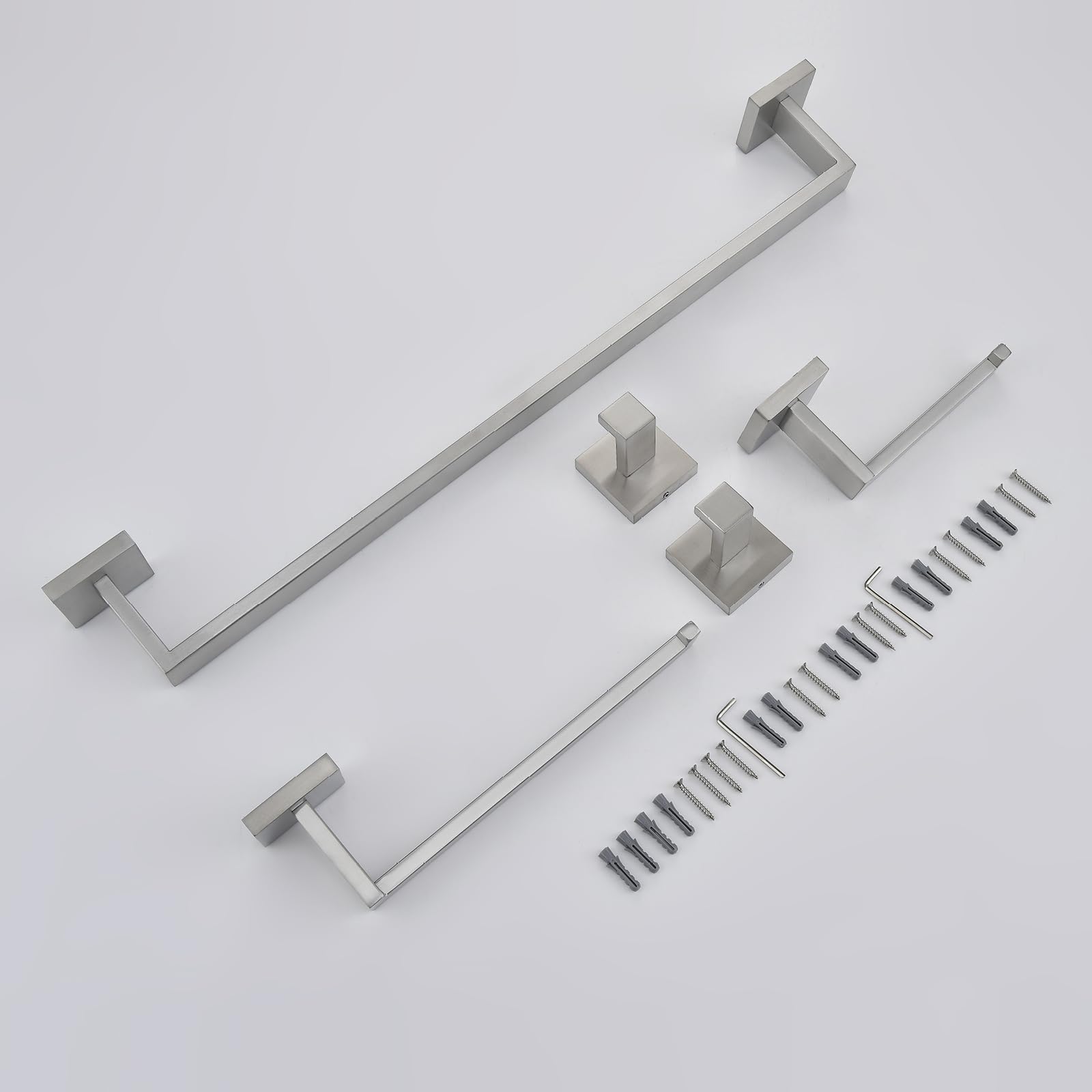 TASTOS 5-Piece Brushed Stainless Steel Bathroom Hardware Set - Wall Mounted Robe Hook, Toilet Paper Holder & 24-Inch Towel Bar in Silver | Modern Bathroom Accessories for Home & Hotel Use