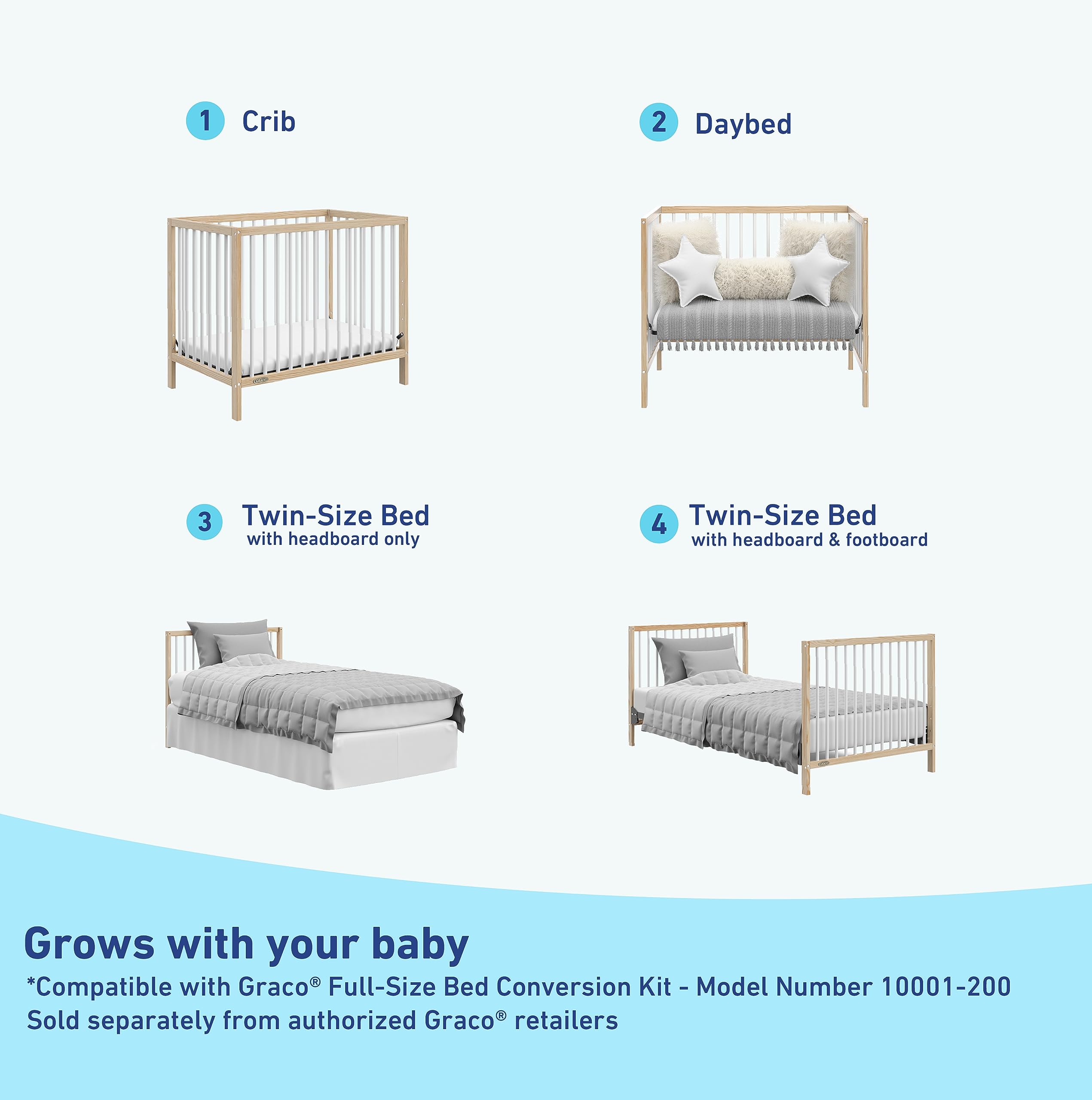 Graco Teddi 4-in-1 Convertible Mini Crib with Water-Resistant Mattress – GREENGUARD Gold Certified, Natural & White Finish, 2.75-Inch Mattress Included, Space-Saving Design, Easy 30-Minute Assembly – Perfect for Small Nurseries, Apartments & Travel