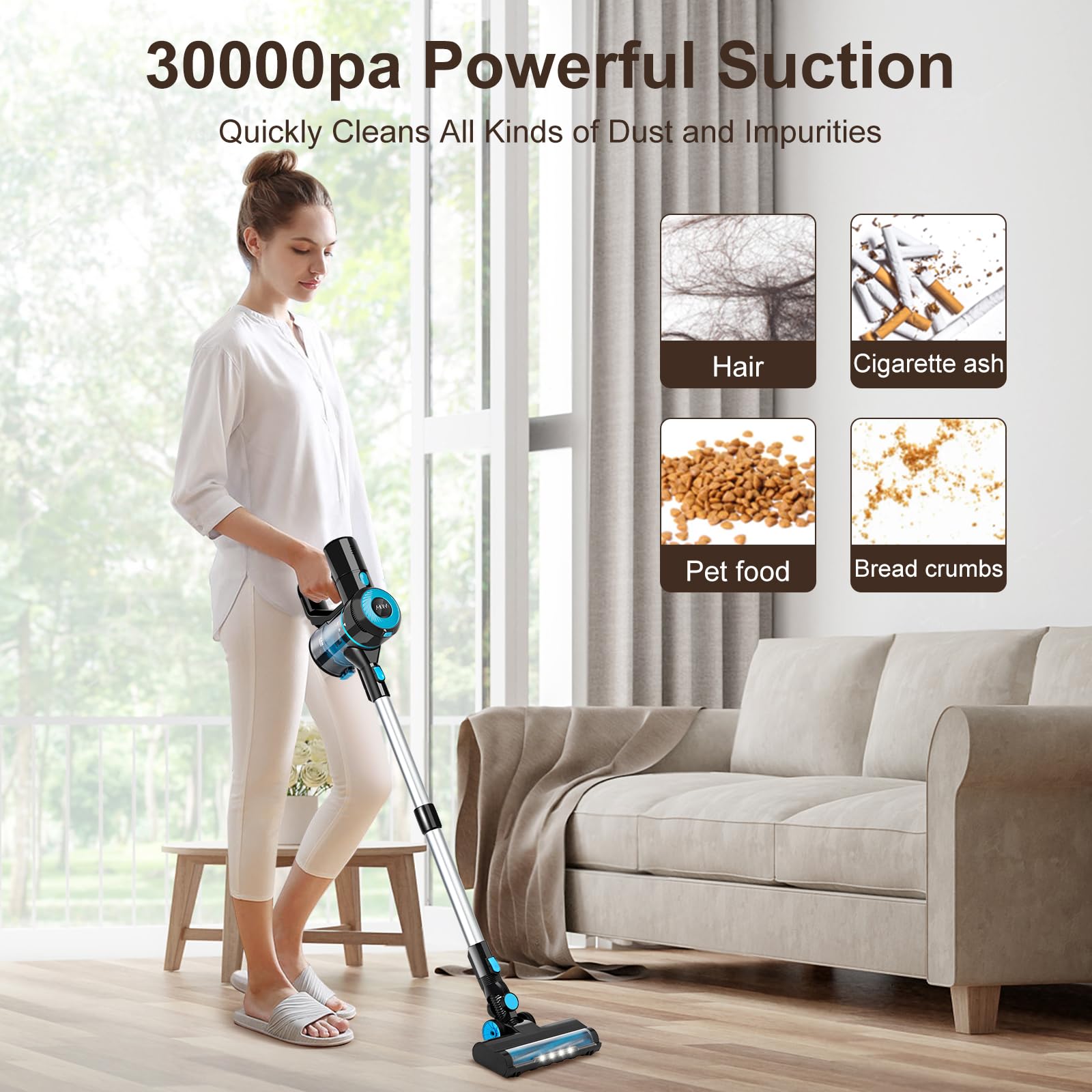 8-in-1 Cordless Stick Vacuum Cleaner with 30Kpa Super Suction & 60 Min Runtime - Detachable Battery for Hardwood Floors & Pet Hair - Lightweight Blue Vacuum for Home, Office & Car Cleaning
