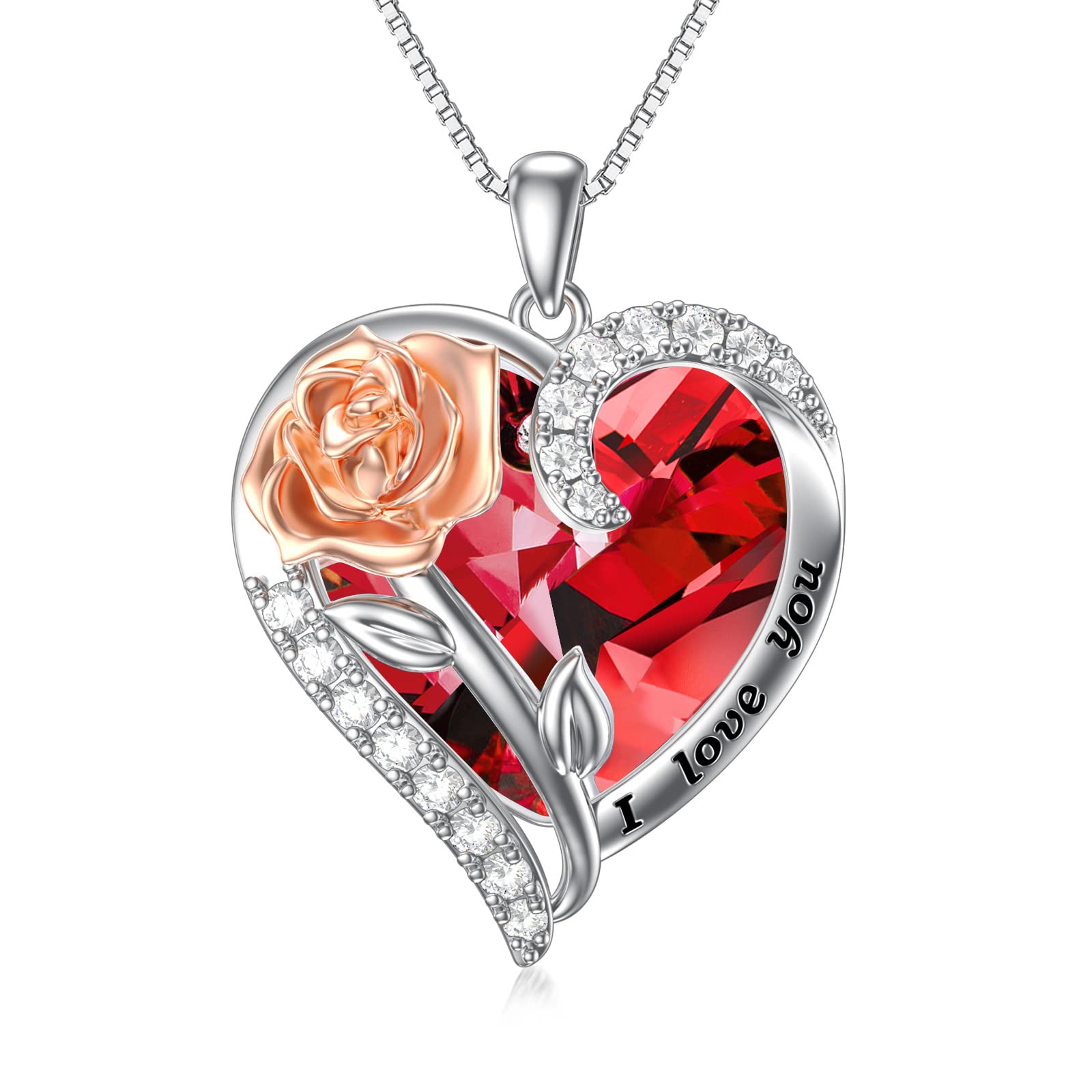 TOUPOP 925 Sterling Silver Rose Flower Necklace with Heart Crystal Pendant - Birthstone Jewelry Gift for Women, Mom, Wife, Girlfriend (I Love You Design) | Perfect for Christmas, Anniversary, Birthday & Valentine's Day Gifts | Elegant Everyday Wear & Special Occasion Accessory