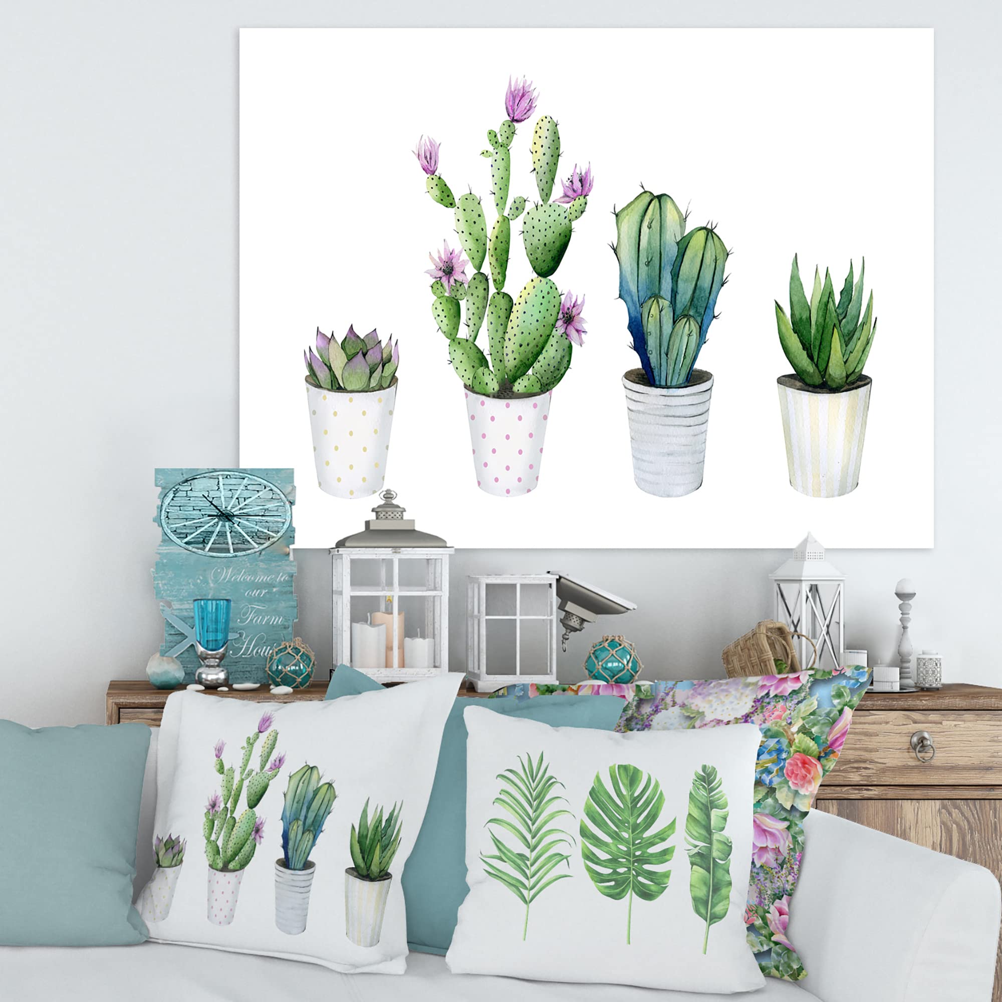 DesignQ Cactus Succulent Aloe Vera Potted Plants - Farmhouse Style Canvas Wall Art Decor for Living Room, Bedroom & Office
