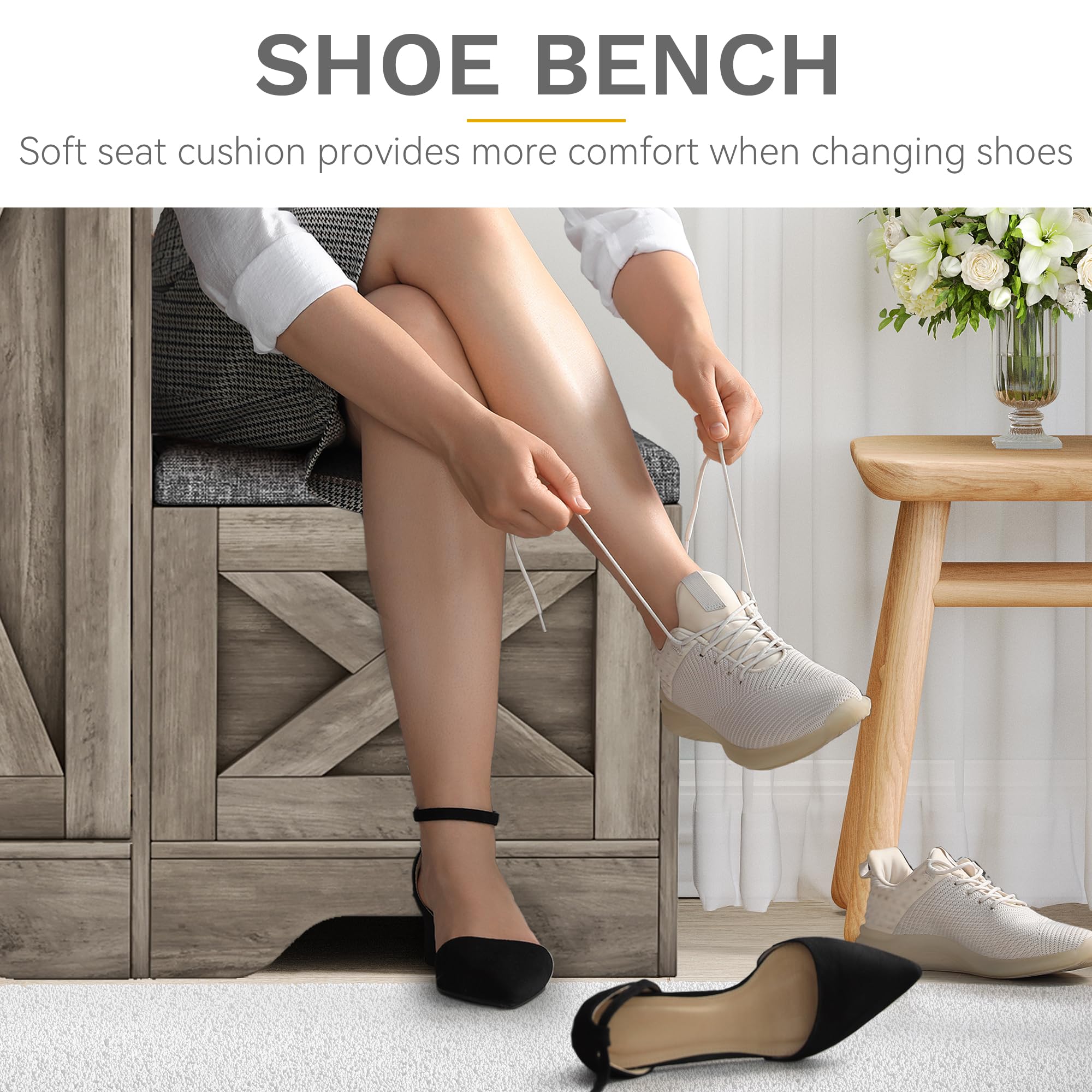DWVO Farmhouse Shoe Storage Cabinet with Bench - 5-Tier Adjustable Shelf Organizer Holds 20 Pairs of Shoes - Narrow Sliding Door Entryway Shoe Rack for Hallway, Living Room & Bedroom - Perfect for Small Spaces & Home Organization (Washed Grey)