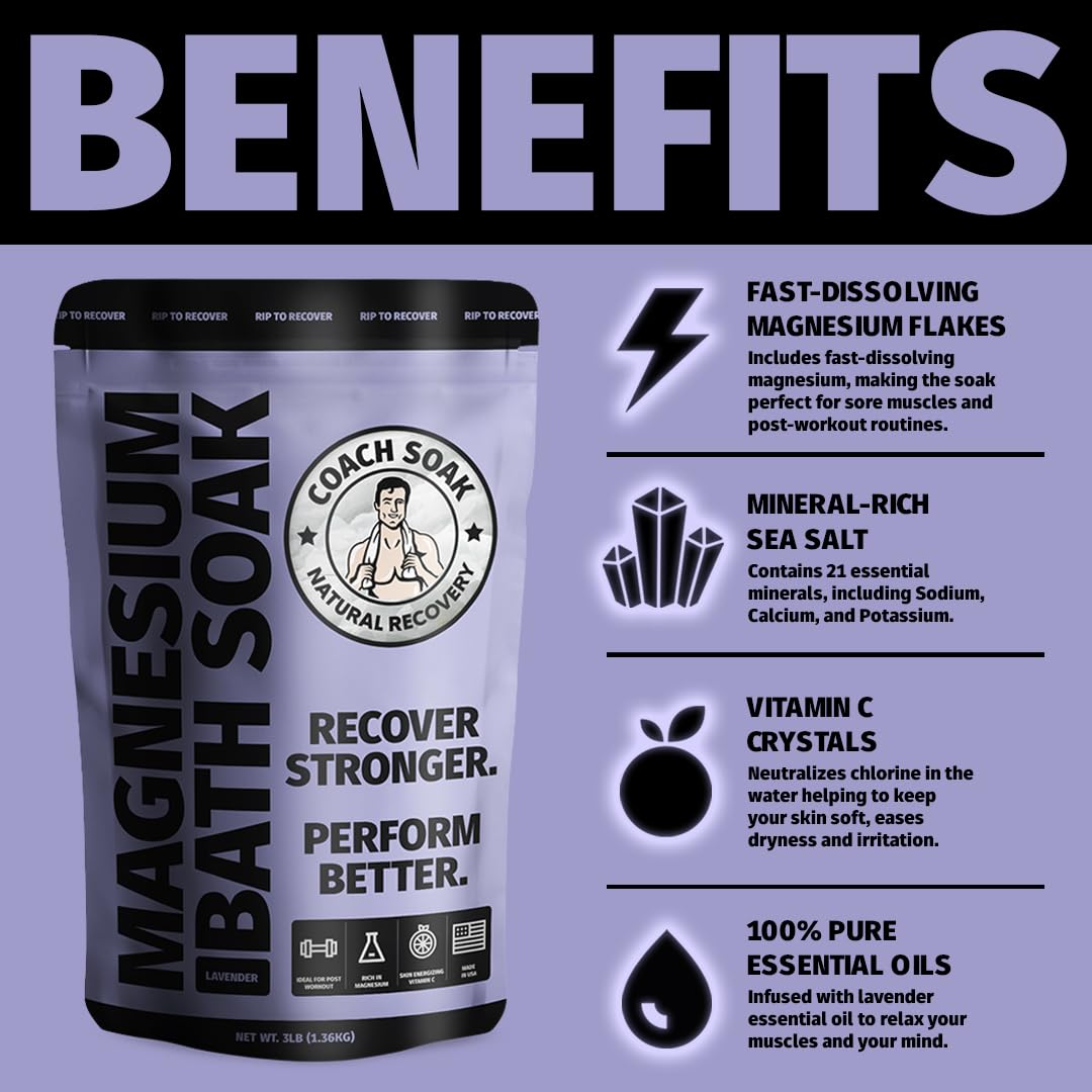 5 Pack Coach Soak Recovery Bath Soak - 15 Pounds Bulk Epsom Salt for Muscle Relaxation & Stress Relief - Lavender Scented Bath Salts for Spa, Post-Workout & Self-Care