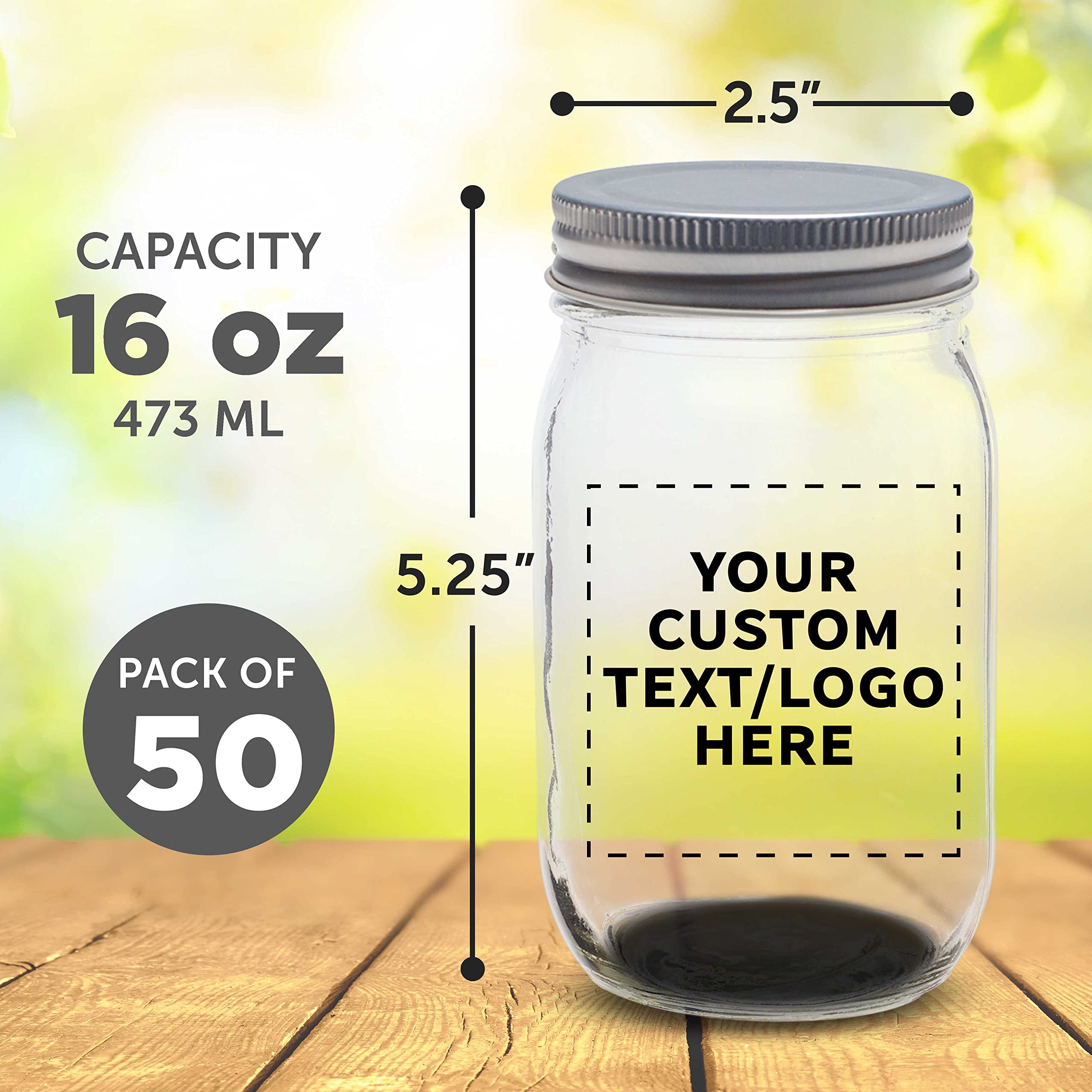 50 Pack 16 oz Custom Mason Jars with Lids - Bulk Personalized Glass Jars for Overnight Oats, Candies, Pickles, Spices & Beverages - Perfect for Meal Prep, Party Favors, DIY Gifts & Home Storage (Black)
