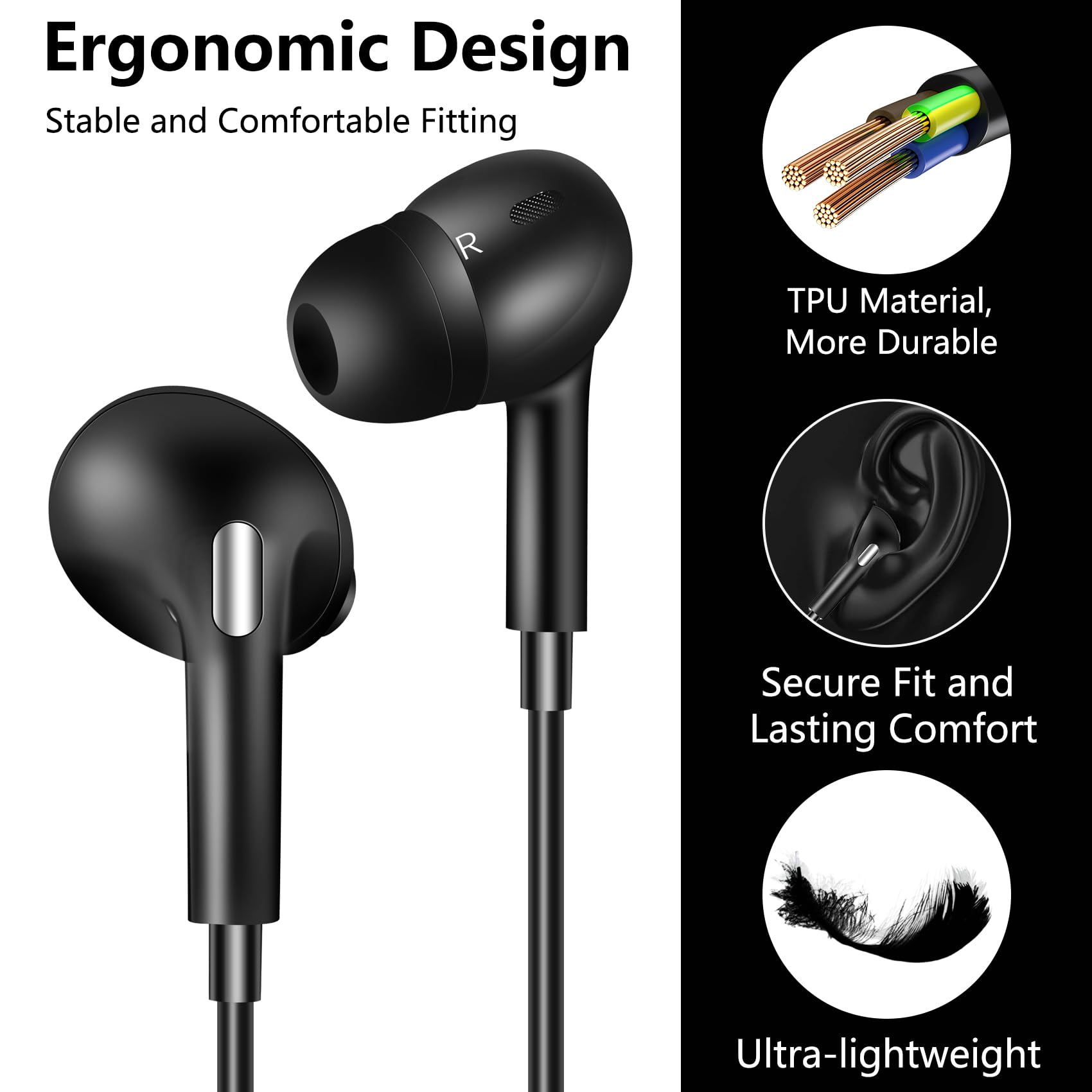 Premium Wired Earbuds with 3.5mm Jack - Powerful Treble & Clear Bass Noise Cancelling Headphones with Built-in Mic for Android/iOS - Perfect for Gaming, Workouts, Commuting & Office Use (Pure Black)