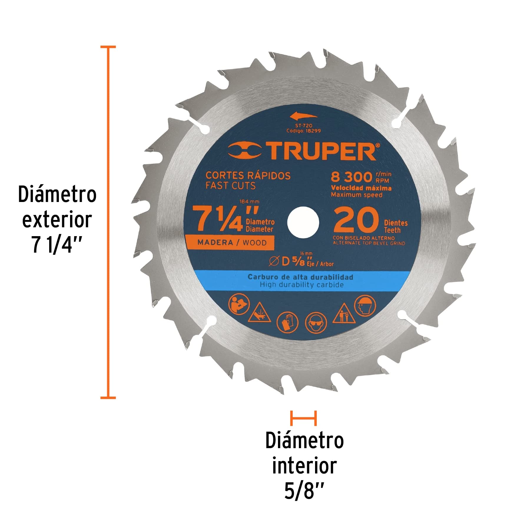 TRUPER ST-720 7 1/4 Inch Wood Cutting Saw Blade - 20 Teeth with 5/8 Inch Arbor - Perfect for DIY Projects, Woodworking, and Home Renovations