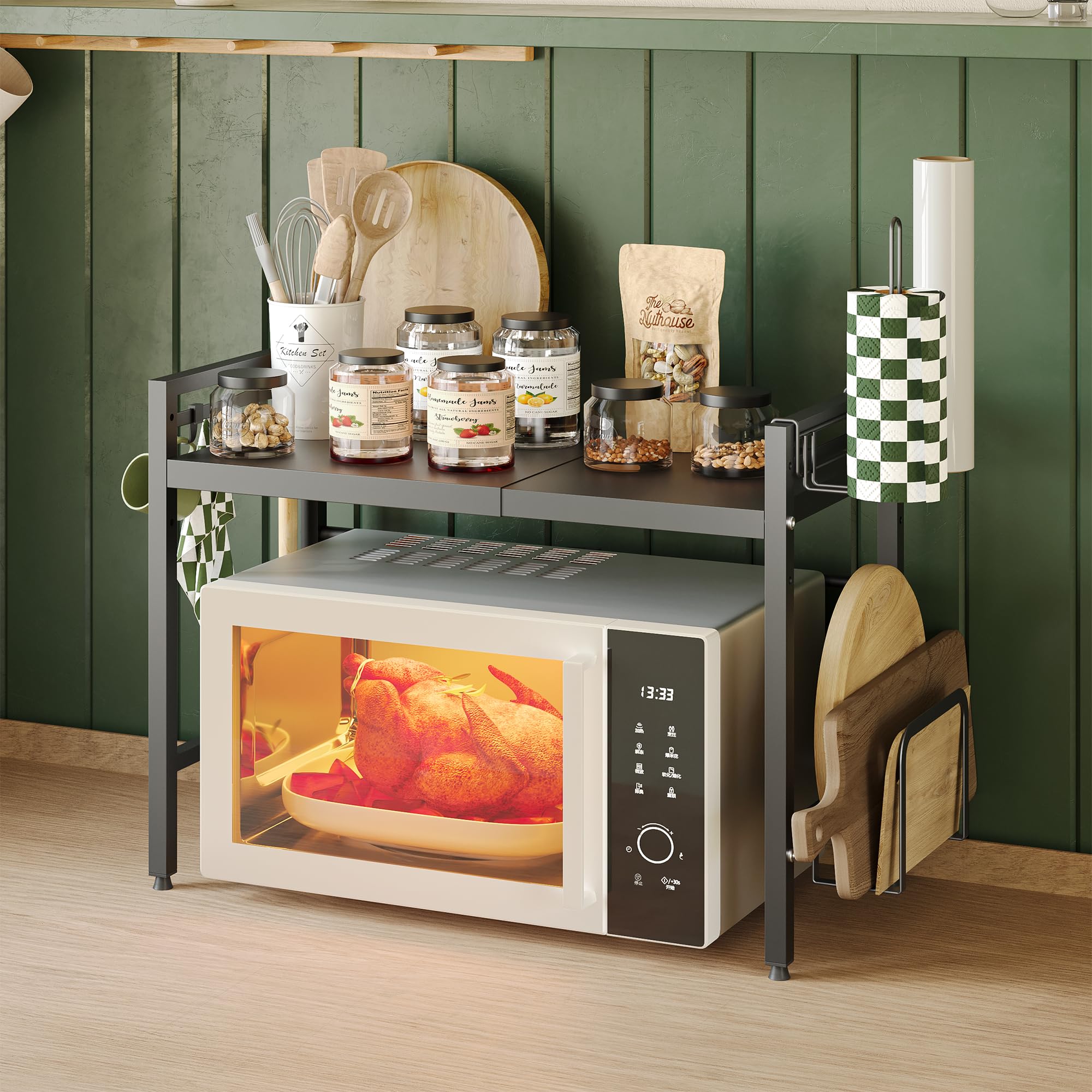 NETEL Expandable 2-Tier Metal Microwave Stand - Kitchen Countertop Organizer with Paper Towel Holder & Storage Baskets - 55lbs Capacity - Perfect for Small Spaces, Apartments, and Kitchen Organization