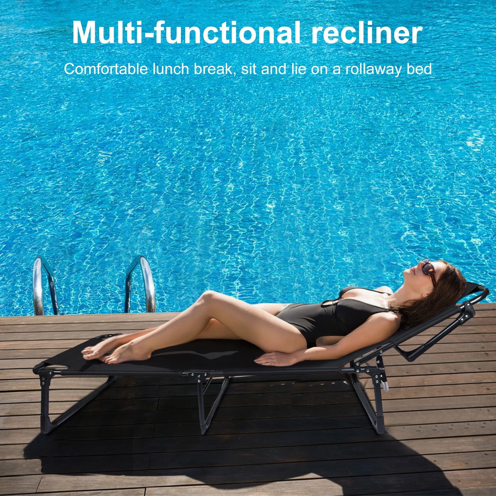 Adjustable 4-Position Reclining Folding Camping Cot for Adults with Pillow - Portable Outdoor Lounge Chair & Sleeping Bed - Perfect for Camping, Backyard, Beach, Poolside & Office Nap (Black)