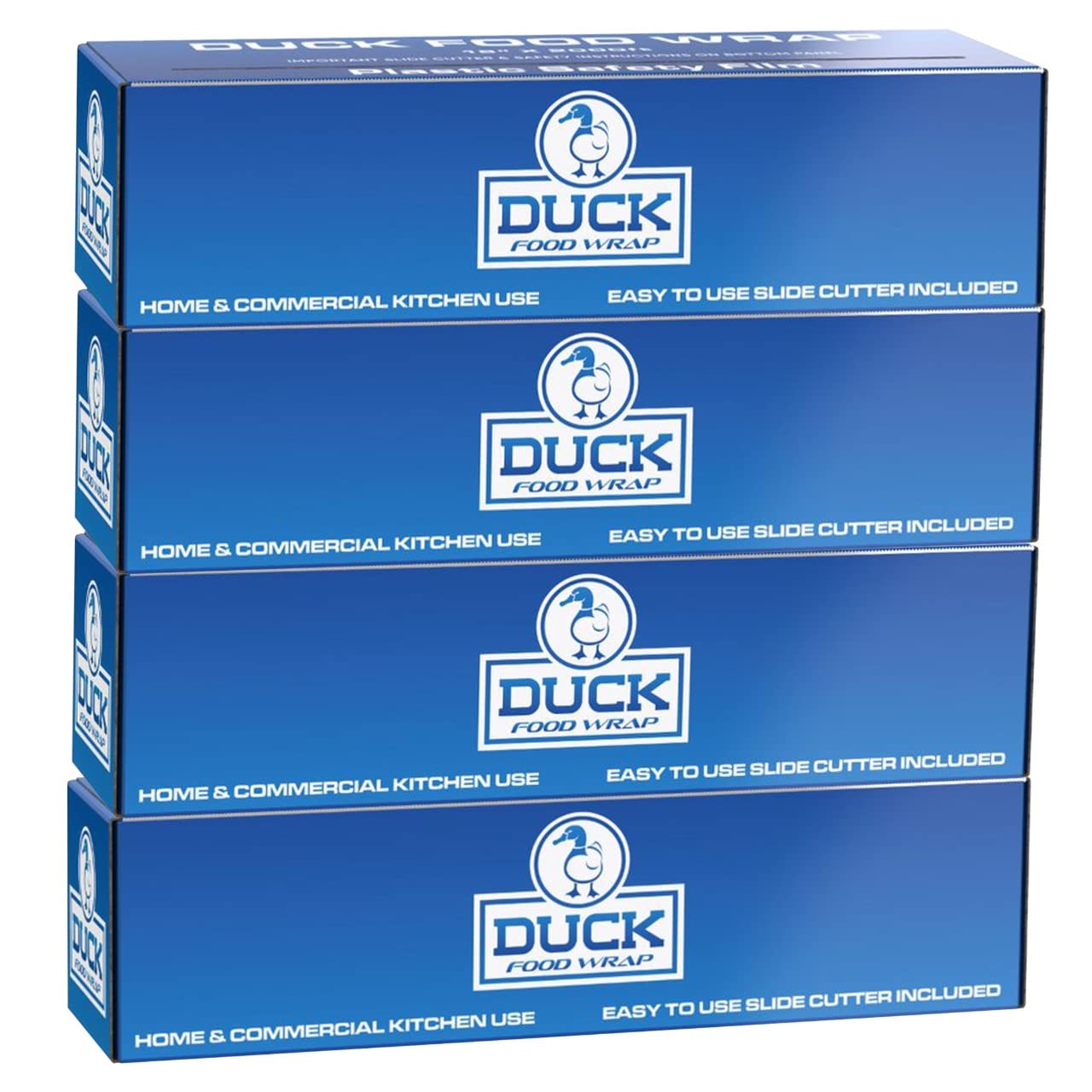 Duck Brand Commercial Grade Food Safety Plastic Wrap - 18 Inch x 2000 Feet, Heavy Duty Stretch Film for Sealing & Food Storage | Ideal for Restaurants, Catering & Food Service Industry | Includes Easy Slide Cutter for Clean Cutting (4 Pack)