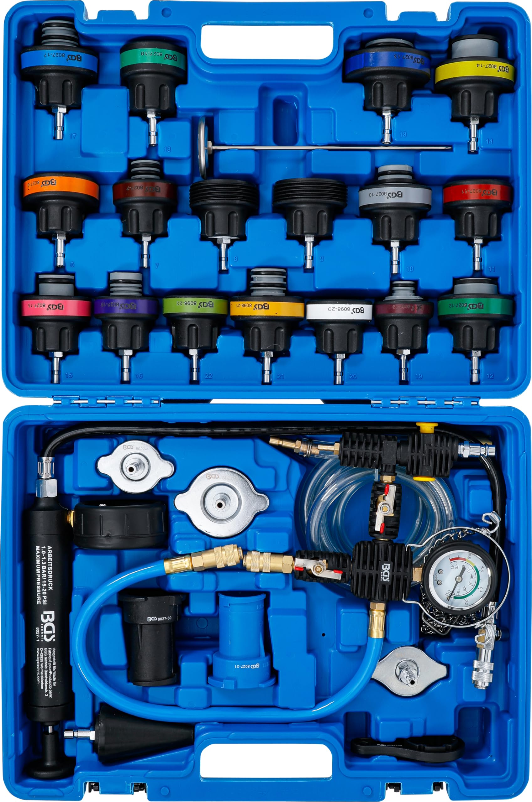 BGS 8098 Radiator Pressure and Cooling System Tester Kit with Refilling System - 28 Piece Automotive Diagnostic Tool Set for Car & Truck Maintenance, Leak Detection, and Cooling System Repair