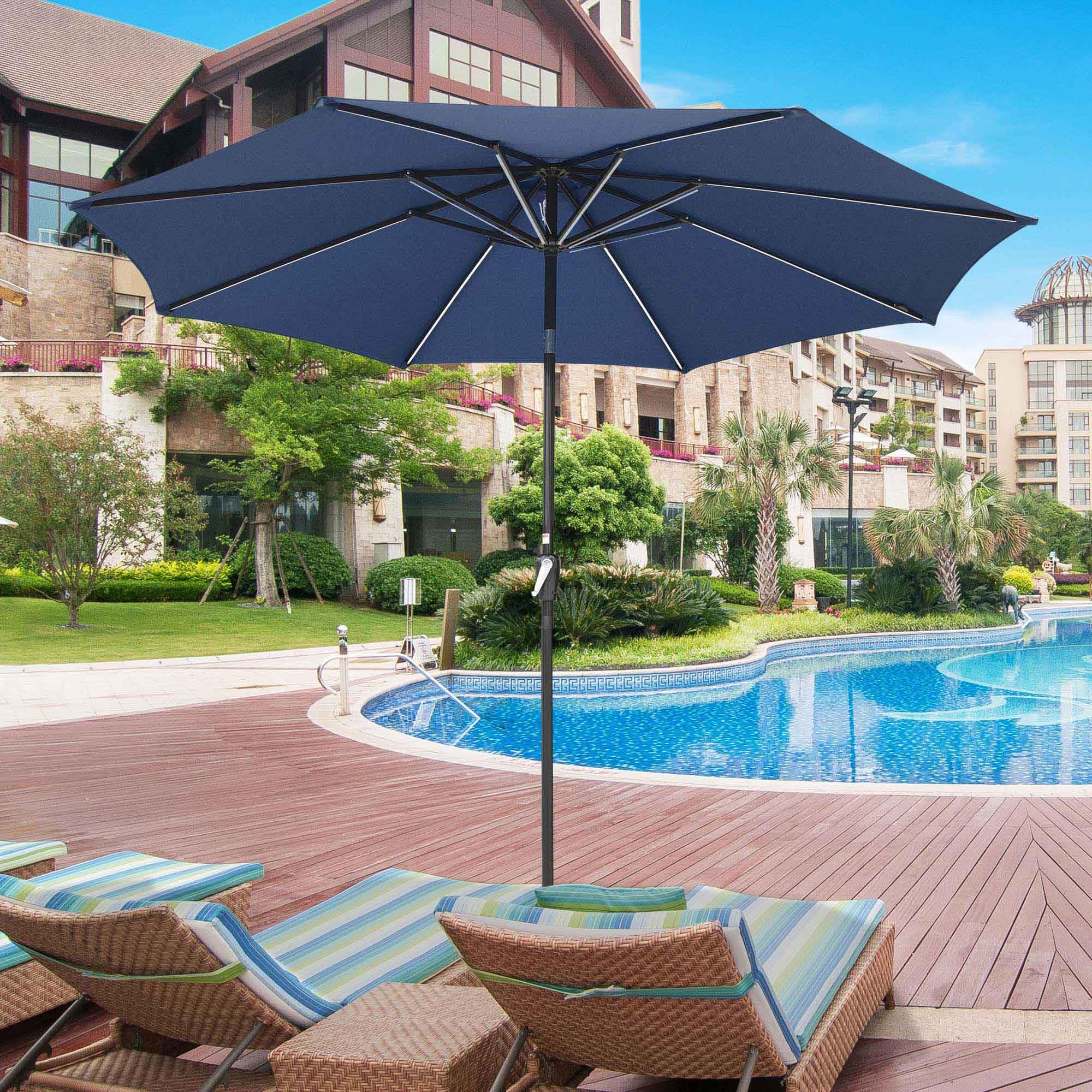 10FT Solar Powered LED Light Bar Patio Umbrella with Tilt Crank - Aluminum Market Umbrella for Backyard, Pool, Deck, Garden & Cafe - Navy Blue Outdoor Lighting for Nighttime Use