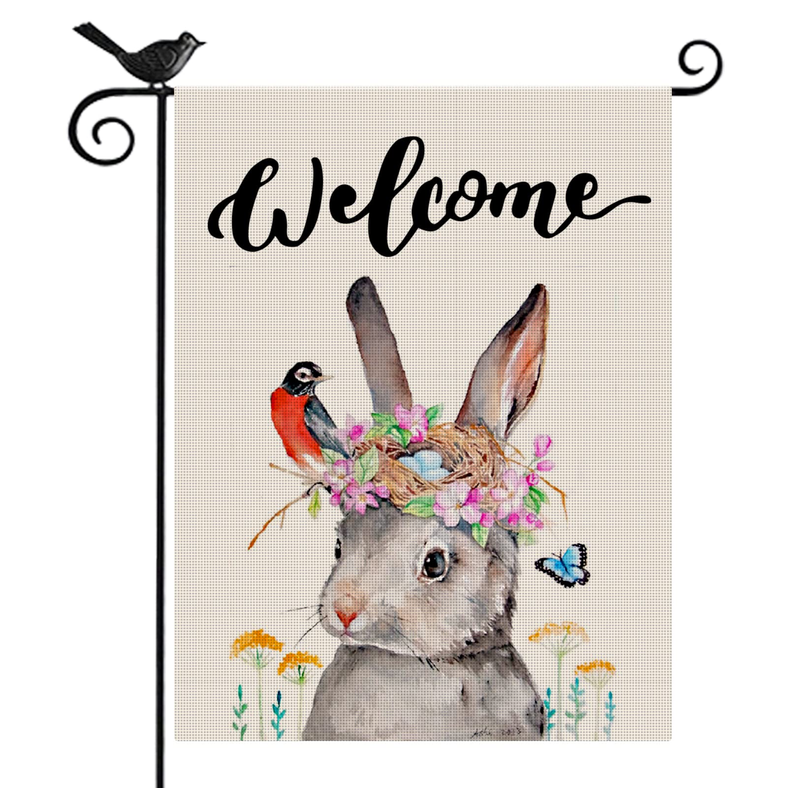 CL FUN 12 X 18 Inch Double Sided Cute Bunny Garden Flag - Burlap Farmhouse Spring Yard Decor with Tulip Flower Wreath Design | Easter Outdoor Lawn Decoration, Seasonal Welcome Sign for Porch, Pathway & Front Yard