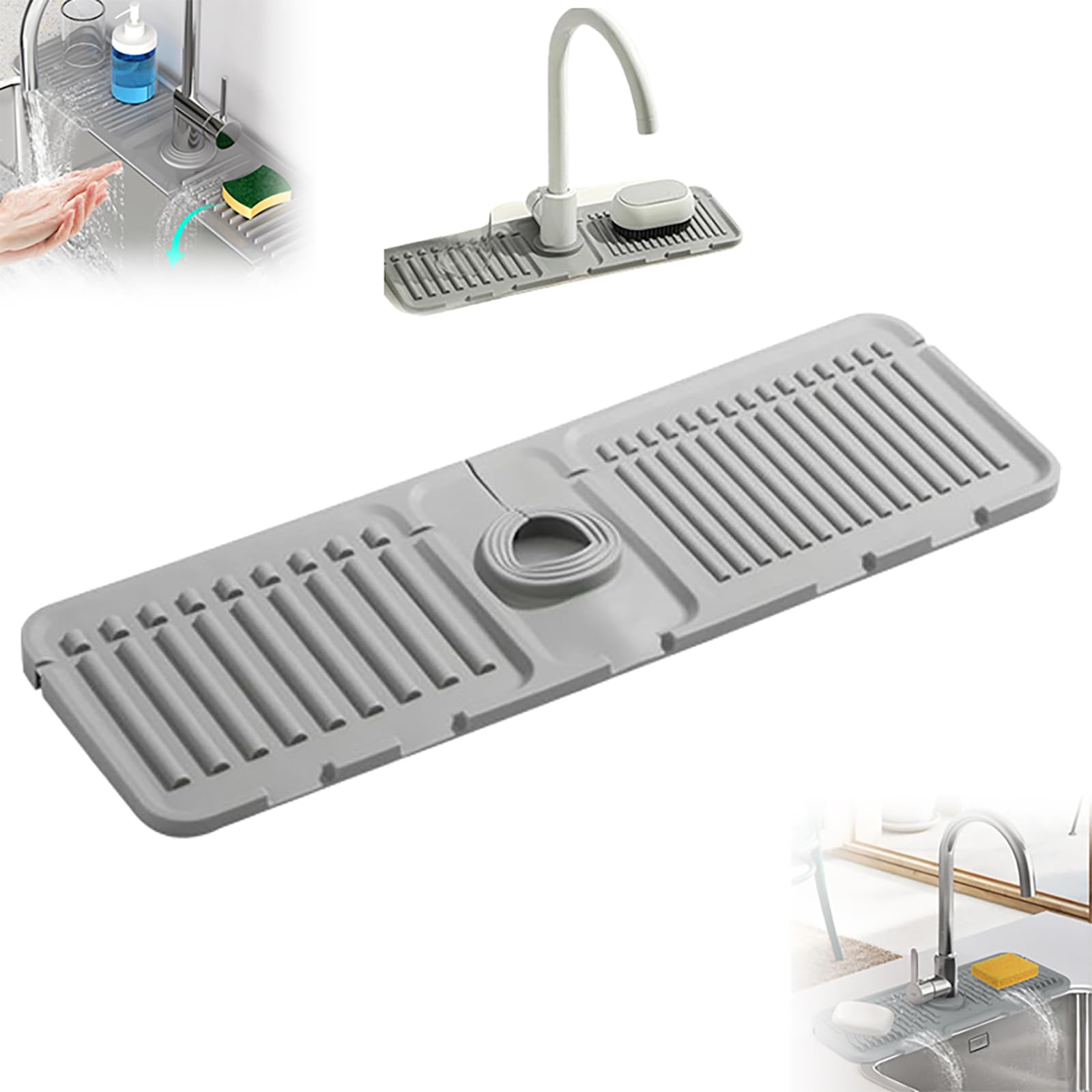 2024 Upgraded Silicone Kitchen Sink Mat - Non-Slip Splash Guard & Drain Tray with Soap Sponge Holder | Waterproof Sink Protector for Kitchen & Bathroom (Grey, 1 Pack) | Perfect for Dishwashing, Food Prep & Countertop Protection