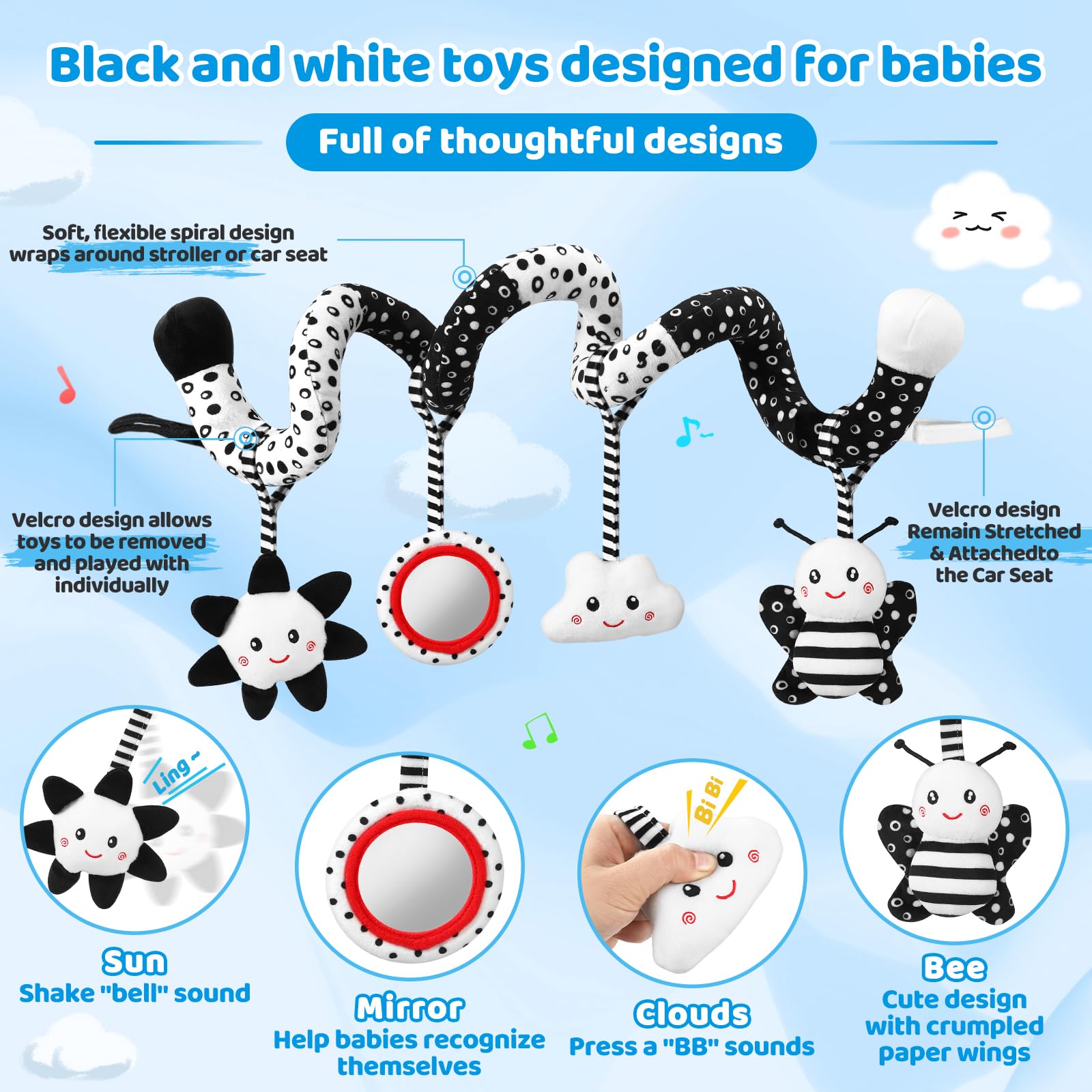 Best Black and White High Contrast Baby Toys for 0-6 Months - Hanging Car Seat & Stroller Toys for Newborn Brain Development - Perfect Crib Mobile & Infant Gift for Playtime and Travel