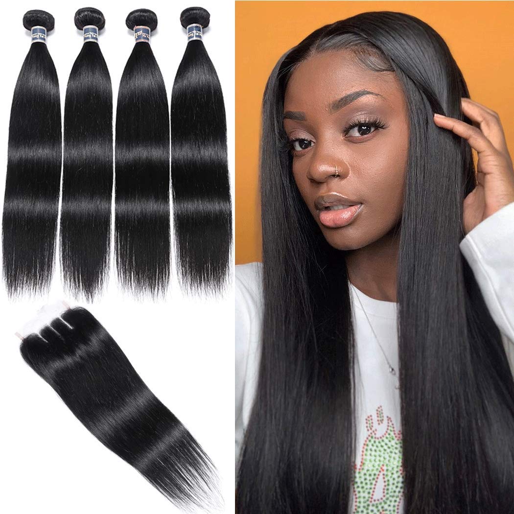 9A Virgin Straight Human Hair Bundles with 3 Part Lace Closure - Unprocessed Malaysian Hair Weave (24