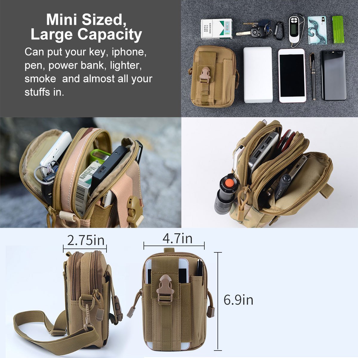 OFONE Small Tactical MOLLE Pouch - Military Waist Pack with Smartphone Holder & Utility Pockets | Durable EDC Belt Bag for Outdoor Hiking, Camping & Tactical Gear Organization
