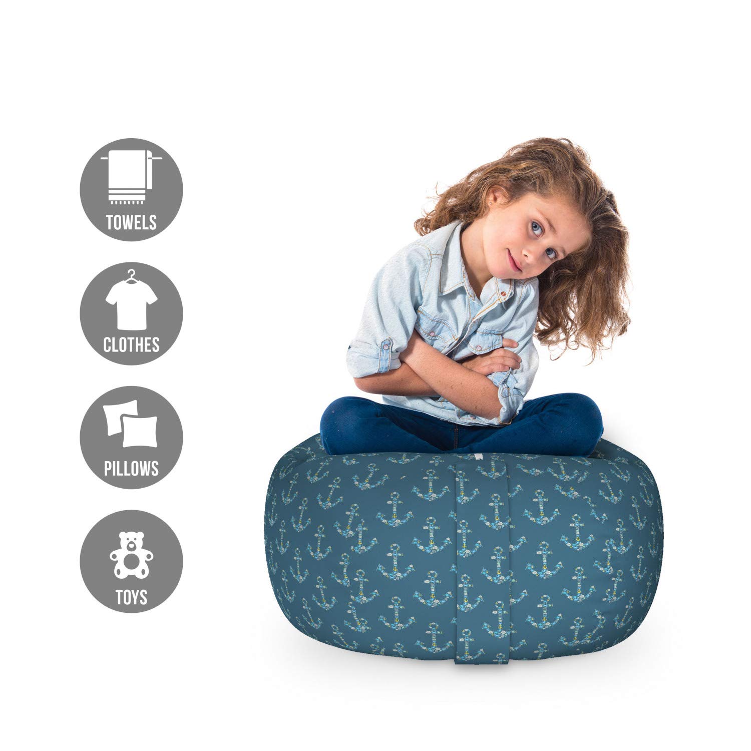 Ambesonne Anchor Storage Toy Bag Chair - Washable Stuffed Animal Organizer with Maritime Fish & Underwater Sea Animals Design, Small Size in Petrol Blue & Sky Blue - Perfect for Kids' Room, Nursery, Playroom & Pet Toy Storage