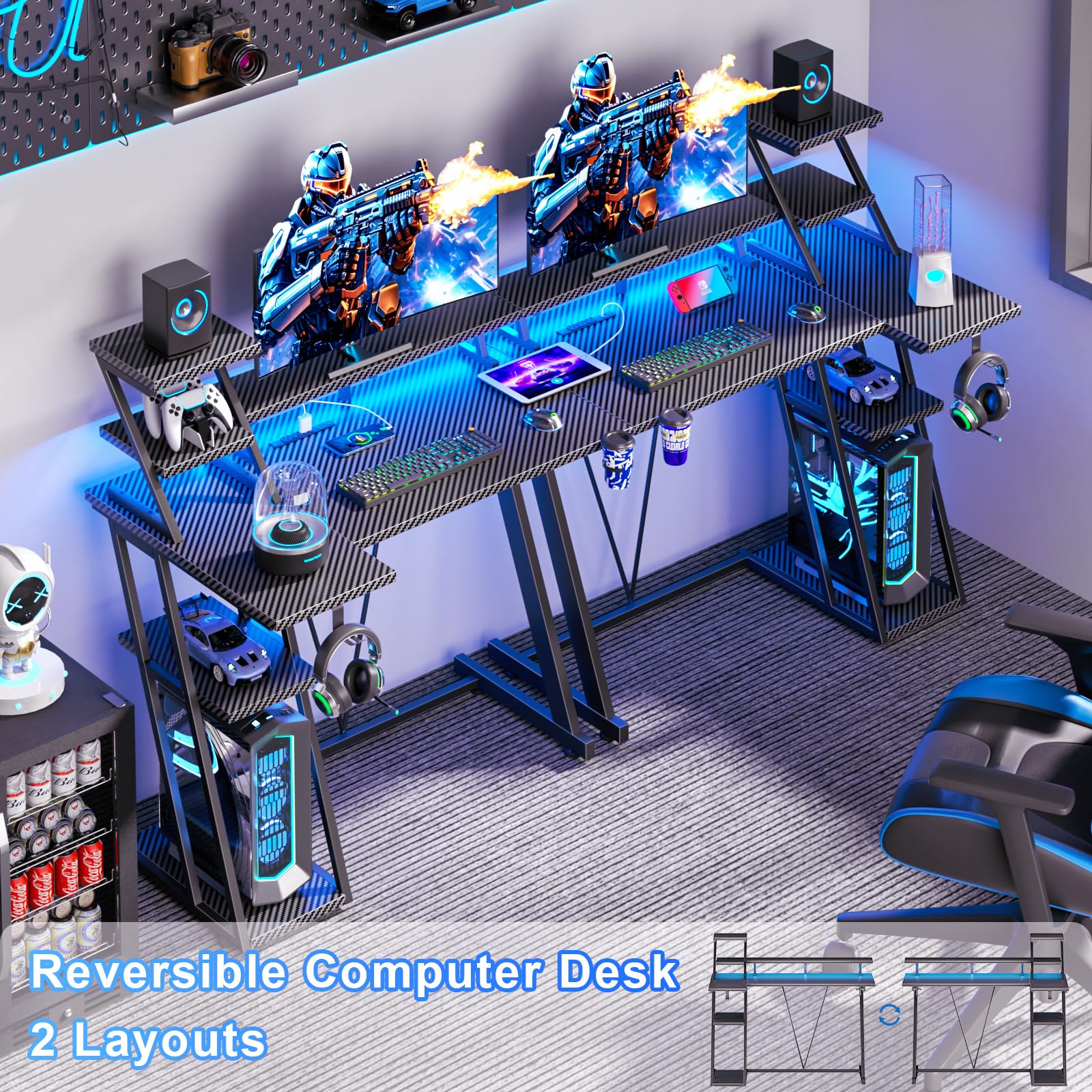 40 Inch LED Gaming Desk with Power Outlet & Storage Shelves - L-Shaped Carbon Fiber Computer Desk with Monitor Stand | Perfect for Small Spaces, Bedrooms & Gaming Setups