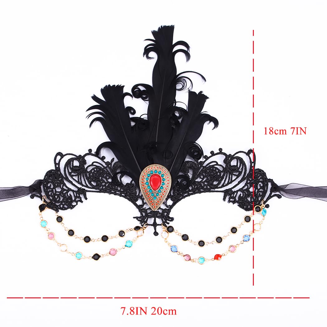 Elegant Rhinestone Masquerade Mask with Crystal & Lace - Feather Costume Mask for Women | Perfect for Mardi Gras, Halloween Parties & Venetian Balls