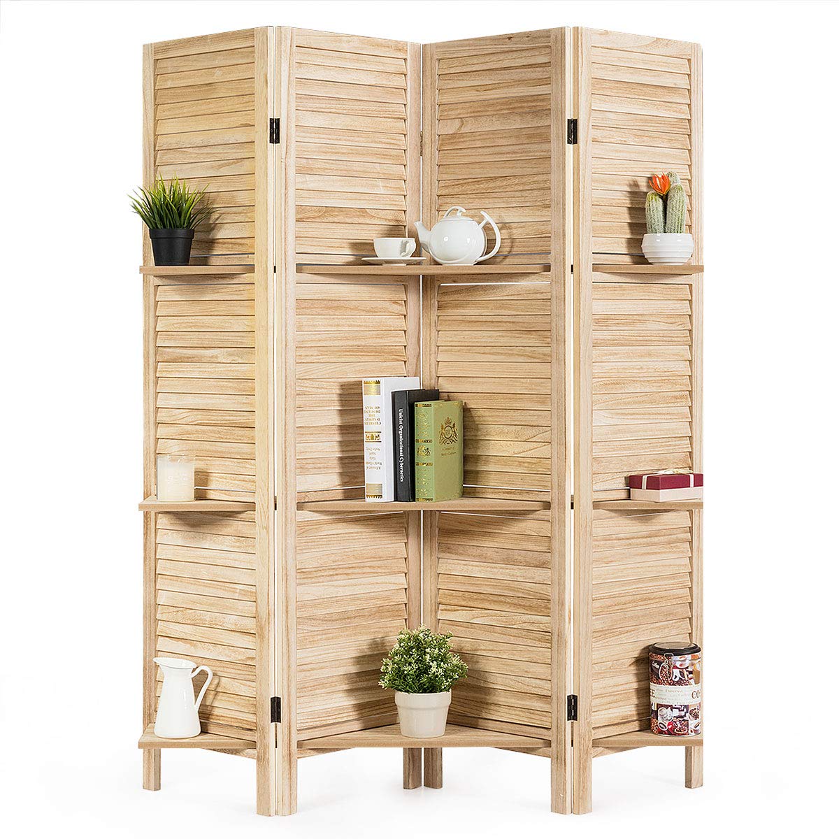 Giantex 5.6Ft 4 Panel Wooden Room Divider with Shelves - Freestanding Folding Privacy Screen for Home Office, Bedroom, Studio - Perfect for Room Separation & Space Organization