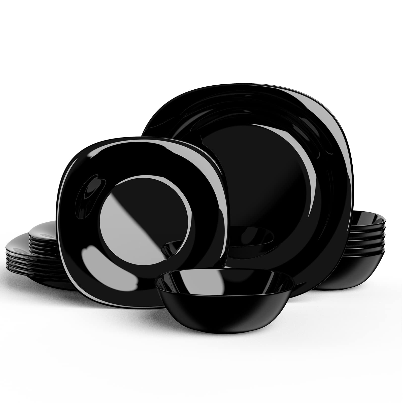Black Square Dinnerware Set - 18-PCS Opal Dishes for 6, Microwave & Dishwasher Safe for Family Dining